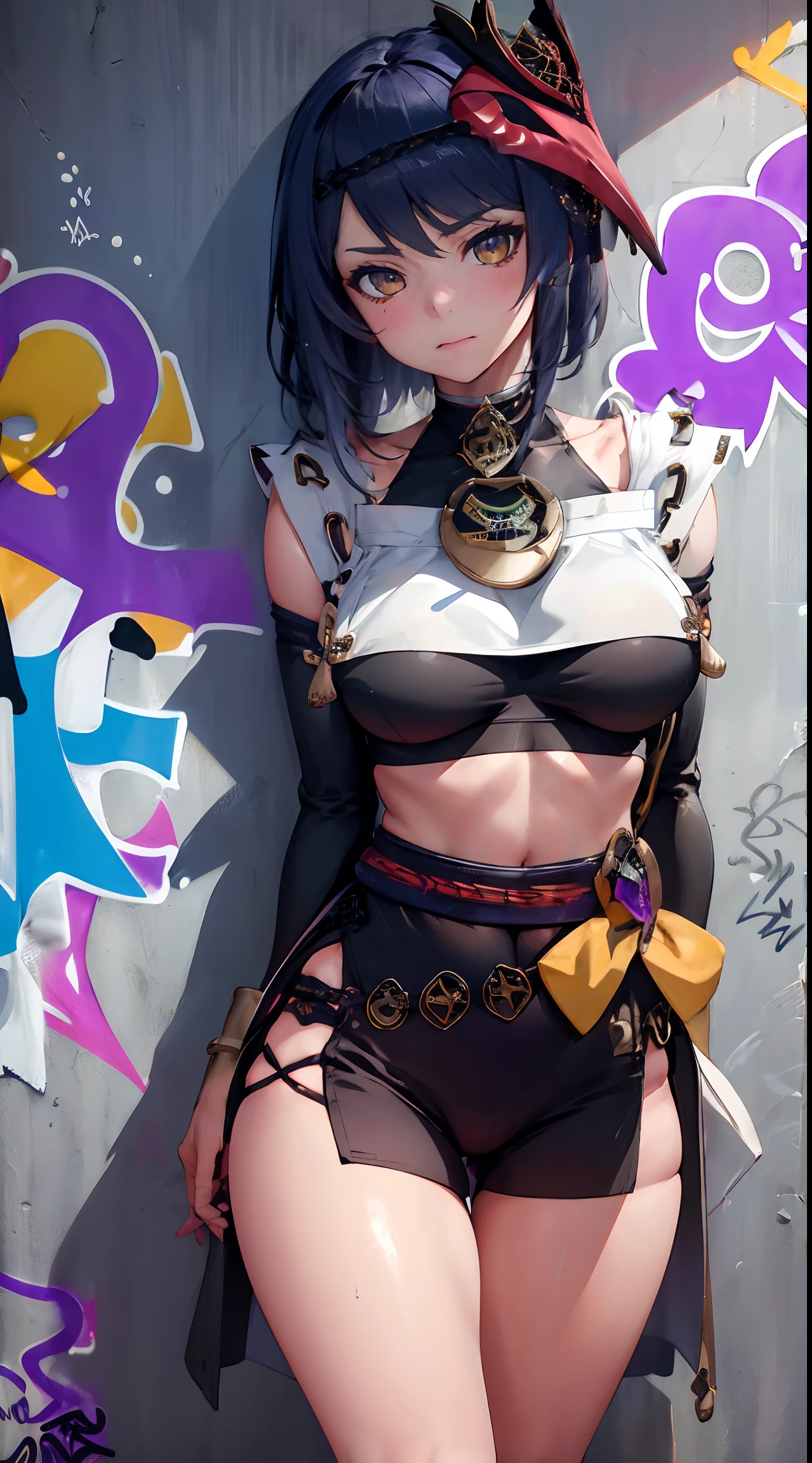 Kujou Sara Genshin Effect, masterpiece, bestquality, 1girls, oversized breasts, bara, choker, (Graffiti:1.5), Splash with purple lightning pattern., arm behind back, against wall, View viewers from the front., Thigh strap, Head tilt, bored, water eyes,