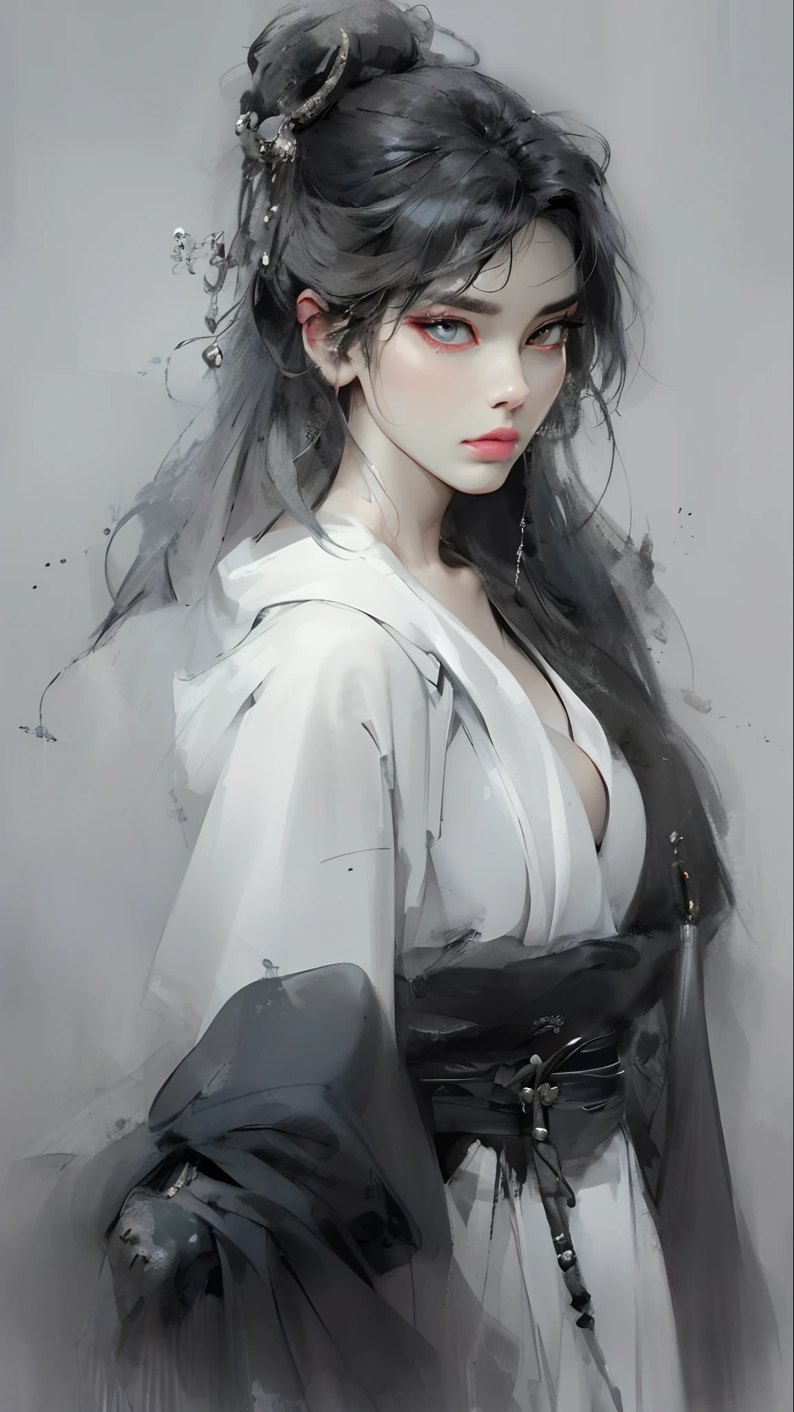 a close up of a woman with white hair and a white mask, beautiful character painting, guweiz, artwork in the style of guweiz, white haired deity, (gigantic breasts:1.4), by Yang J, epic exquisite character art, stunning character art, by Fan Qi, by Wuzhun Shifan, guweiz on pixiv artstation