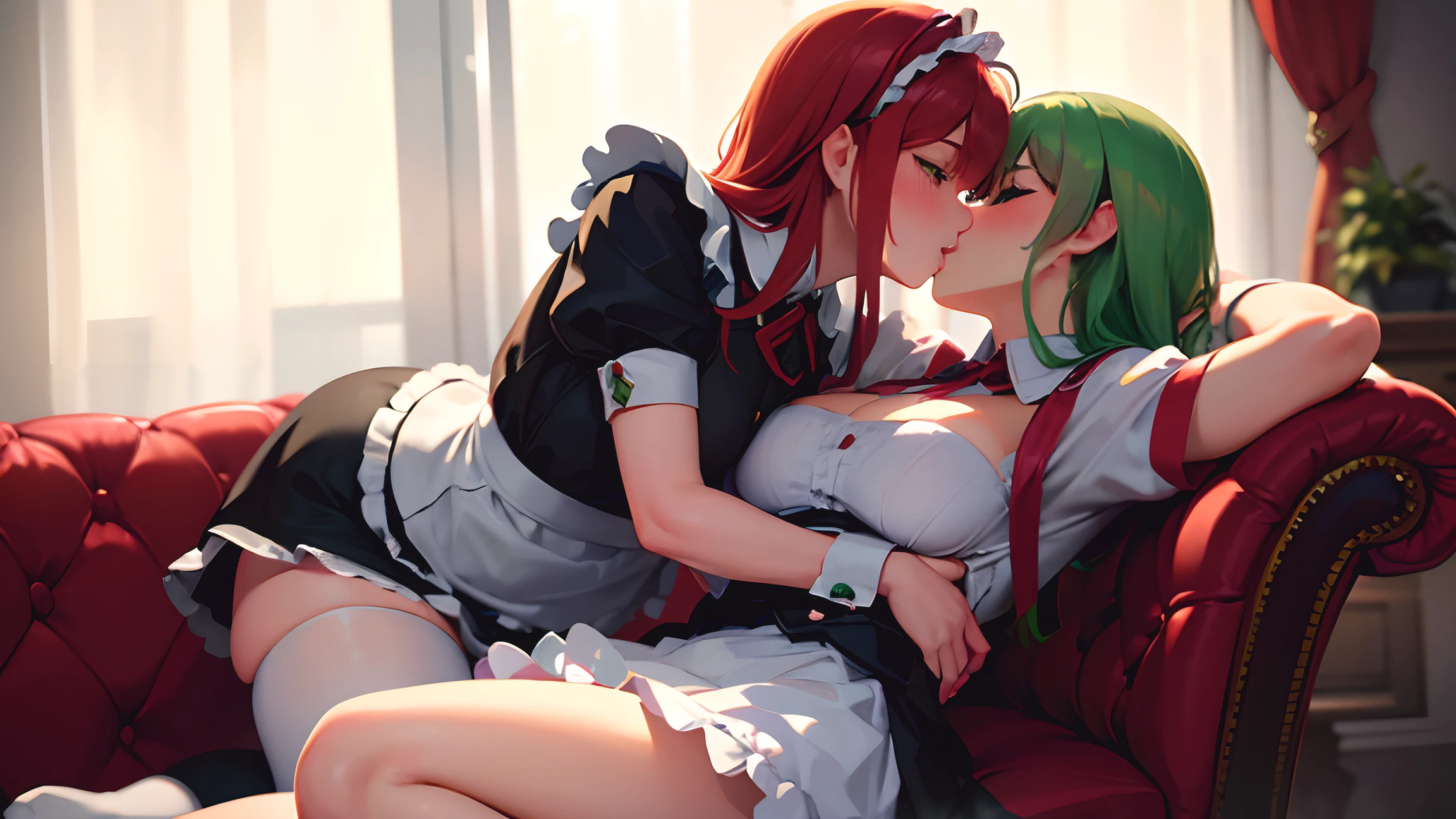 masterpiece, lots of detail, 4k, 8k, ((ultra-detailed)), highres, soft lighting, 2girls, maid outfit, couch, kissing, blush, {green hair|red hair}, {curvy|petite}