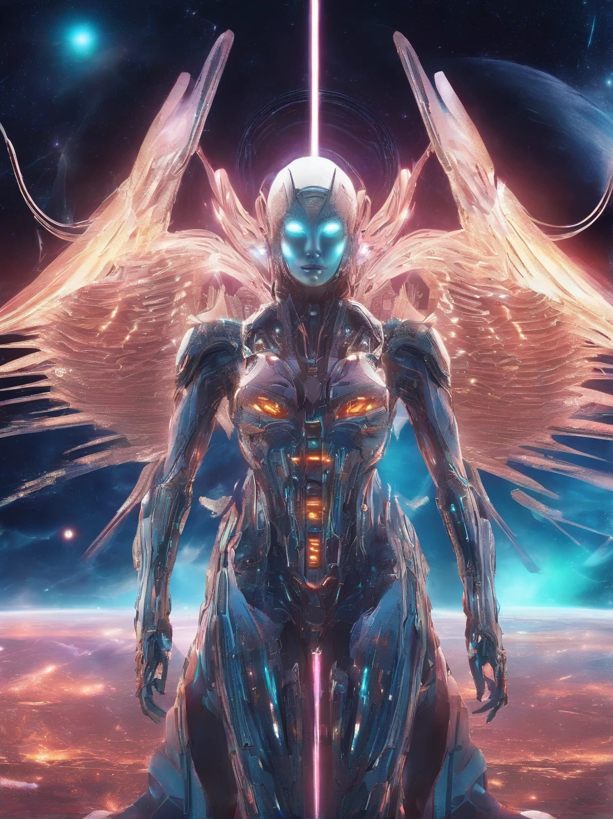 Cosmic Fallen Angel, glowing light eyes, Biomechanical, eerie, Creepy, nightmarish, Very bright colors, Light particles, with light glowing, Mshiv, wallpaper art, UHD wallpaper