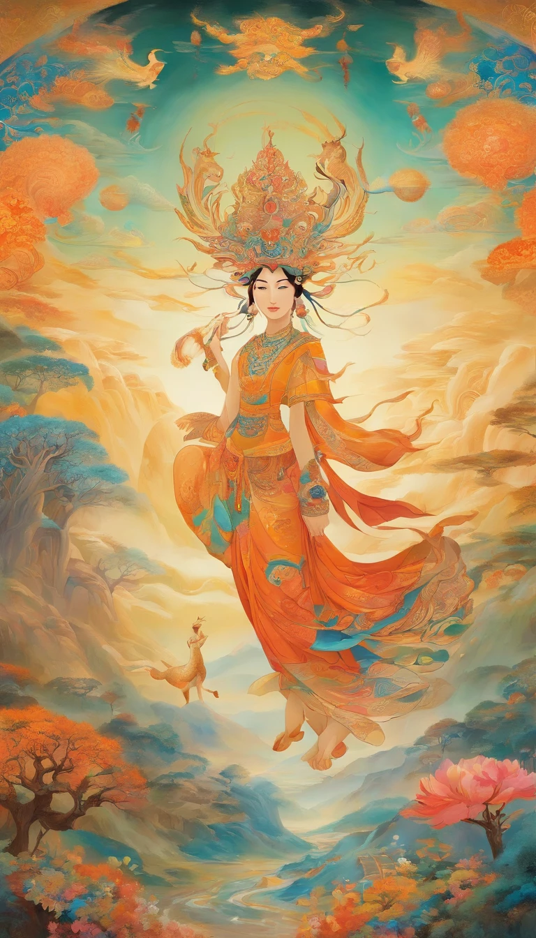 Wall paintings，Ultra-high sharpness，Grandiose scenes，Colorful colorful，Bright colors，themoon，Colorful sika deer in the center of the picture，One of them wore a yellow silk suit，Beautiful woman wearing a golden round headdress，The facial features are delicate and beautiful，Mounted on a sika deer stepping on colorful clouds，Dunhuang murals，