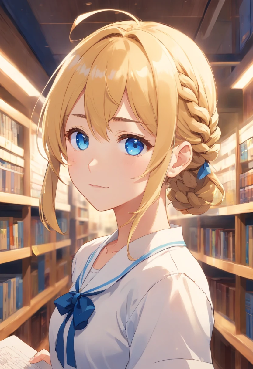 blue eyes, golden hair with braids above ears asymmetry, Shortcut Girl, Blue ribbon, Wearing a white shirt, thin ribbon at the neck, A slight smile, atlibrary, Buruaka style