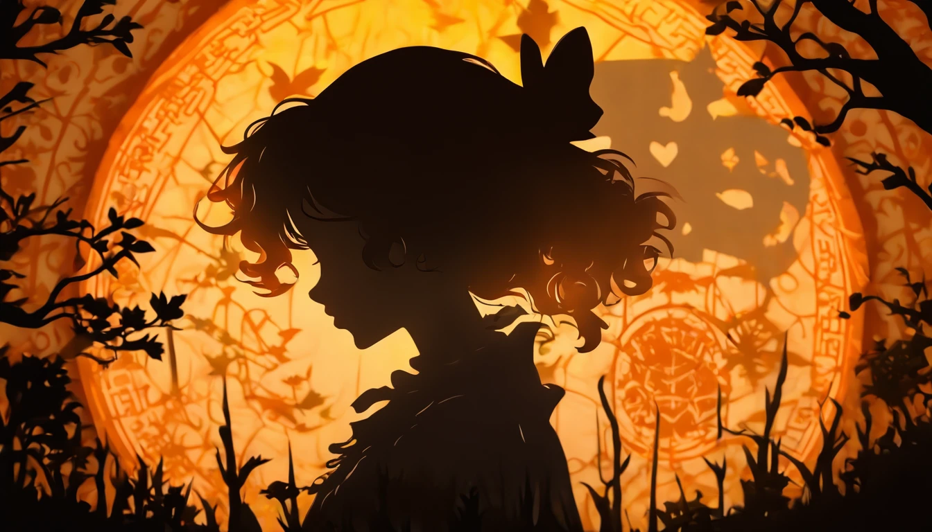 (Silhouette Art,cutouts:1.6)
(((Paper cutting art,A world where only black exists:1.3)
(Cowboy Shot),1 girl,Solo,
(Girl in a witch's hat,profile:1.2),white, Clear and beautiful face,The Moon Behind、Jack-o'-lantern、Bats
break
(Yellow Moon)
Textured glass background,Tarot card atmosphere