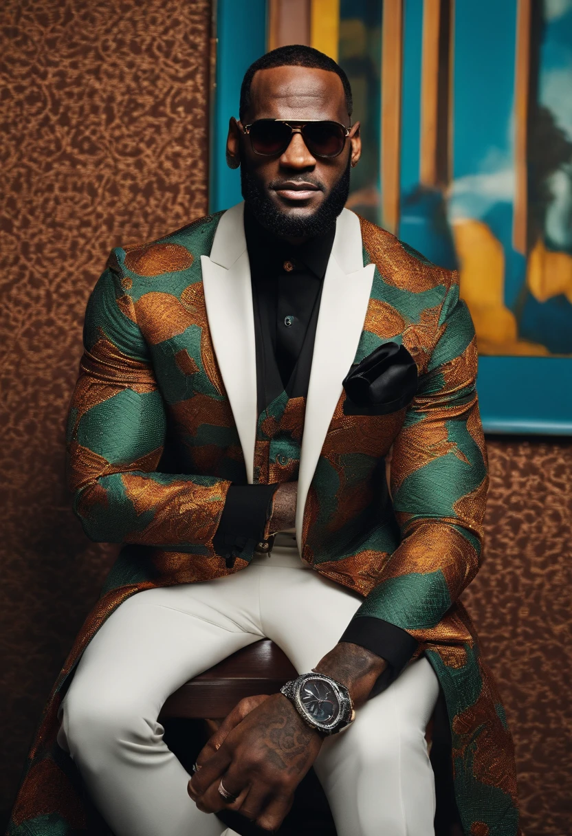 Lebron James, de terno e gravata indo fazer uma entrevista de emprego e usando oculos escuro ::n_ terno preto, sem texto e sem oculos escuro