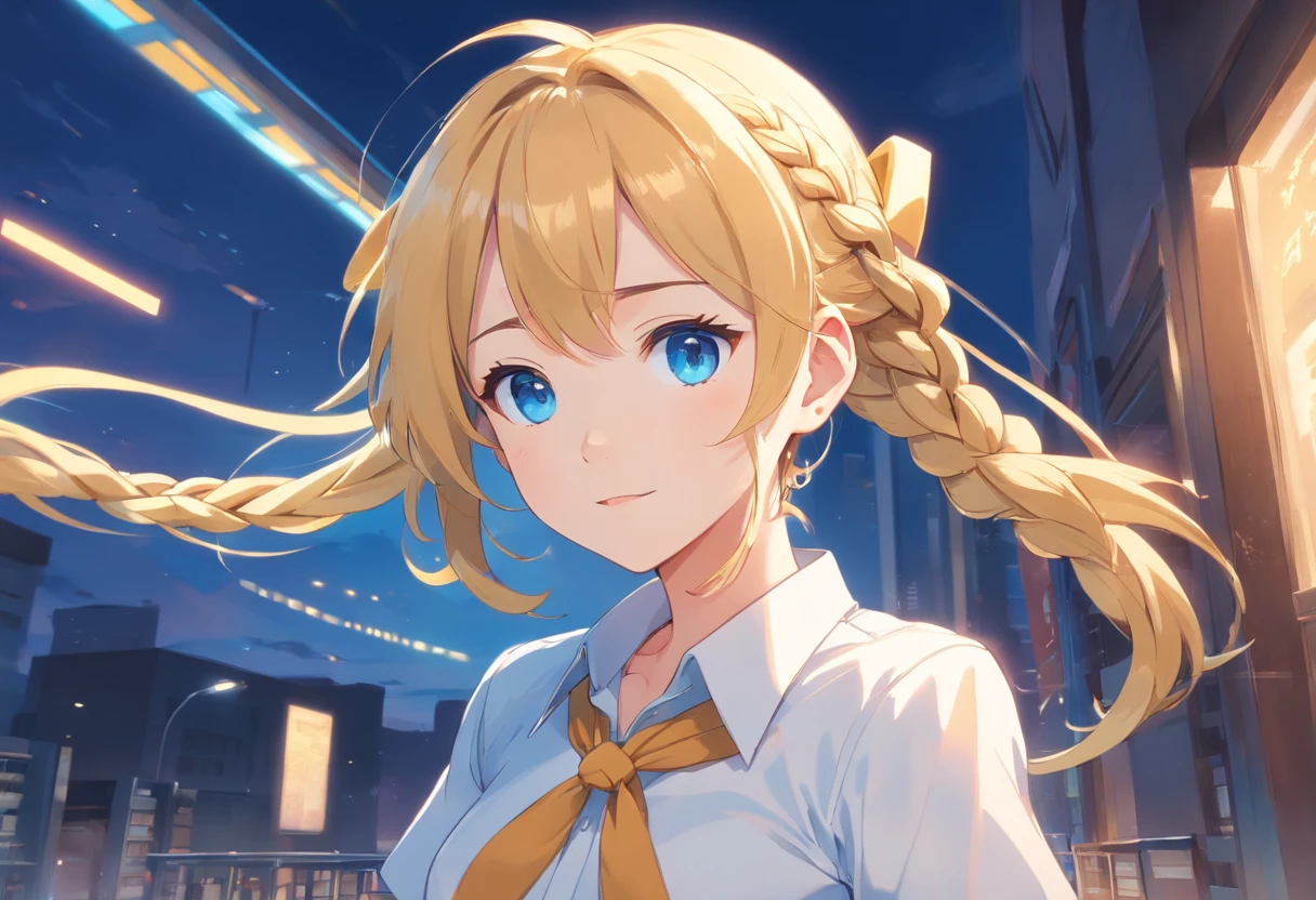 blue eyes, golden hair with braids above ears asymmetry, Shortcut Girl, Blue ribbon, Wearing a white shirt, thin ribbon at the neck, A slight smile, atlibrary, Buruaka style