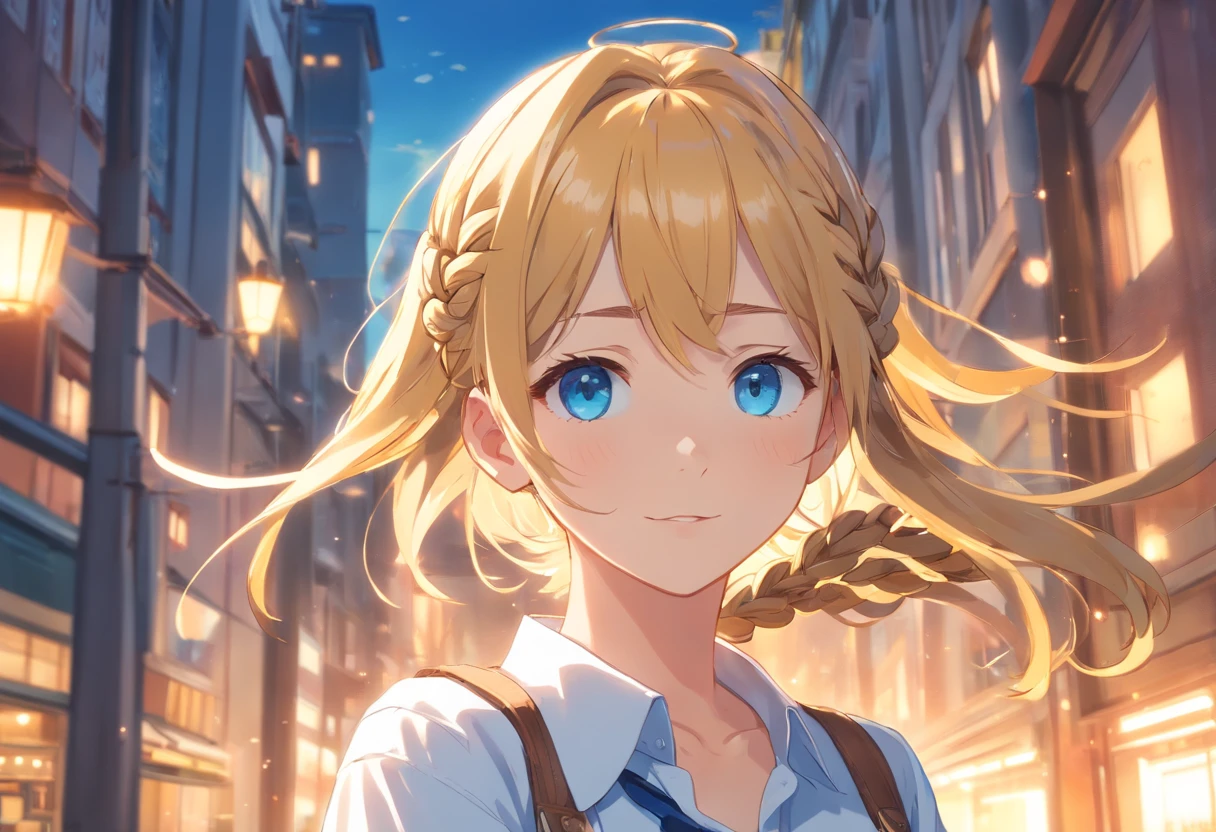 blue eyes, golden hair with braids above ears asymmetry, Shortcut Girl, Blue ribbon, Wearing a white shirt, thin ribbon at the neck, A slight smile, atlibrary, Buruaka style