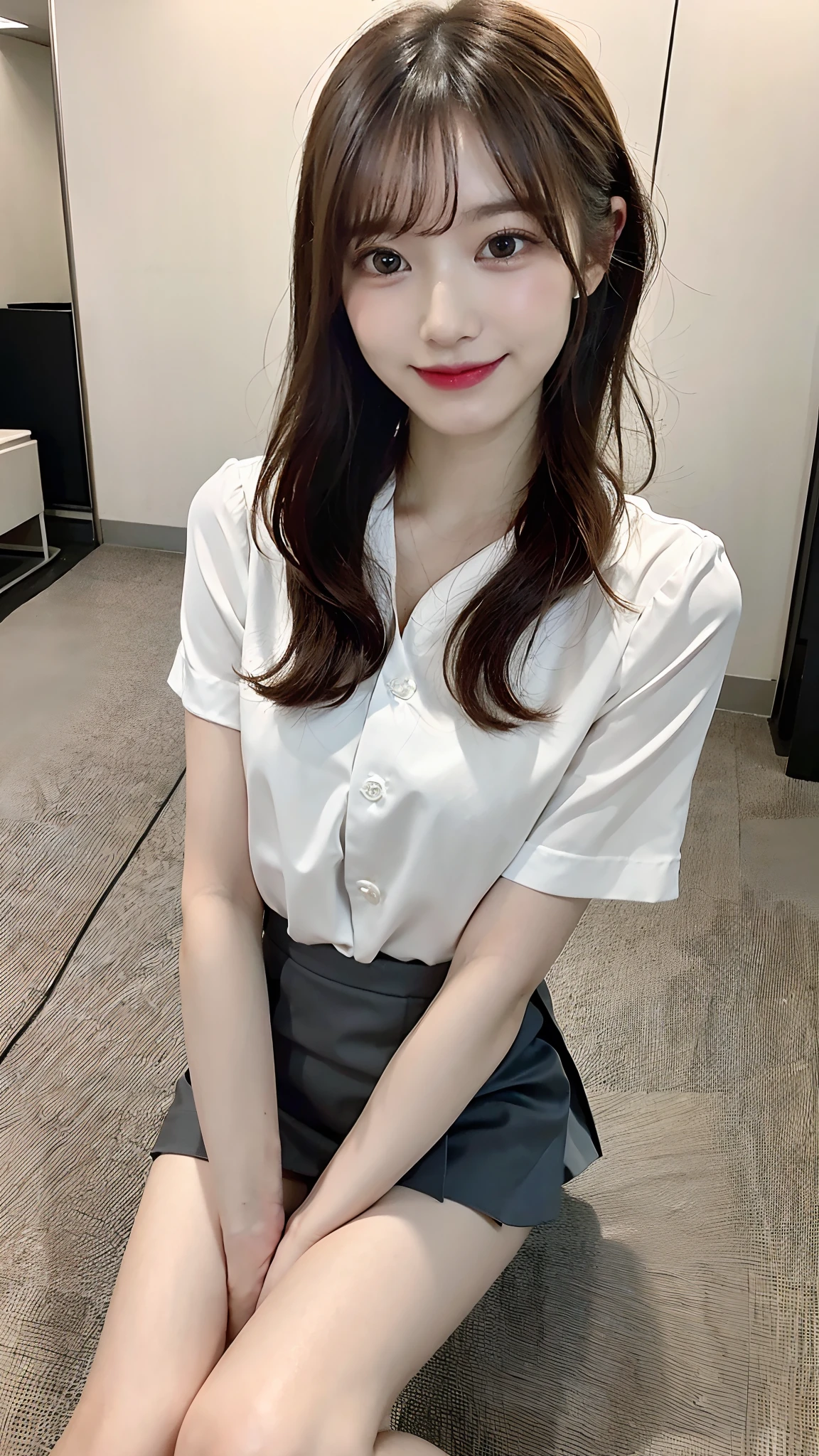 (8K, RAW photo:1.2)detailed face and eyes,highest quality, ultra high resolution, very detailed ,intricate details ,debris flies ,pretty girl, soft light like a movie, hyper detail,focus clearly on the chest, （beautiful black hair）, （long hair）, （white off shoulder knit）、｟mini skirt｠、（sitting）（black long boots）（legs slightly apart）（cleavage is visible）