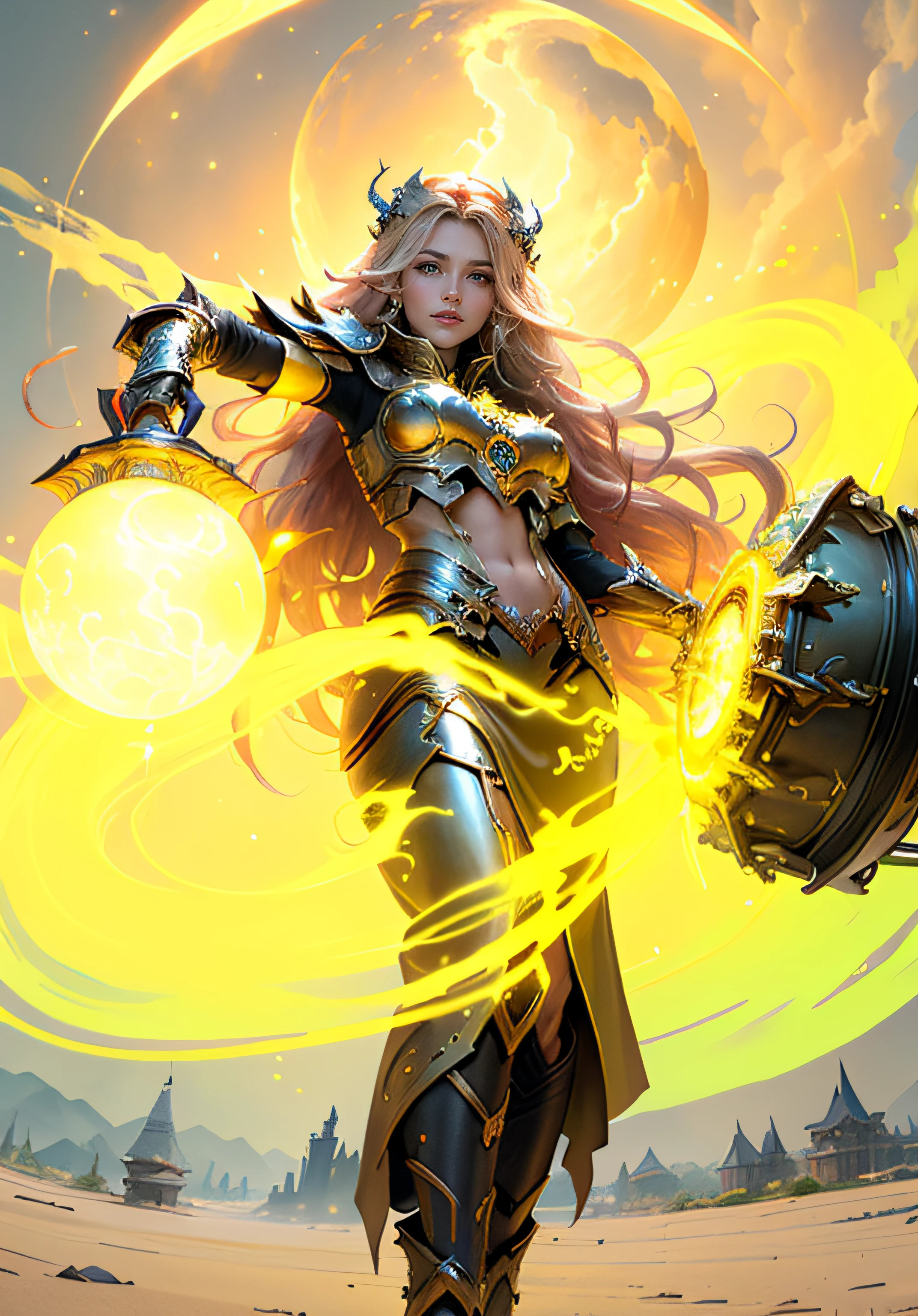 1girll, 8K quality,full bodyesbian, Mage style, Sexy goddess,The facial features are delicate and beautiful,Red long-haired,Fairy stick in hand,wands,Stand high,der riese,Architectural view of the ancient castle,blueglow,dark stormy clouds,Sky spaceship,Multiple planets,The setting sun burns the clouds,Jupiter,Mards,Tornado,Flaming,Goddess Mage,Large bearings,Stone dragon wall,Full of gold treasures,Gold and silver jewelry,Ultra-futuristic spaceship combat vehicle。