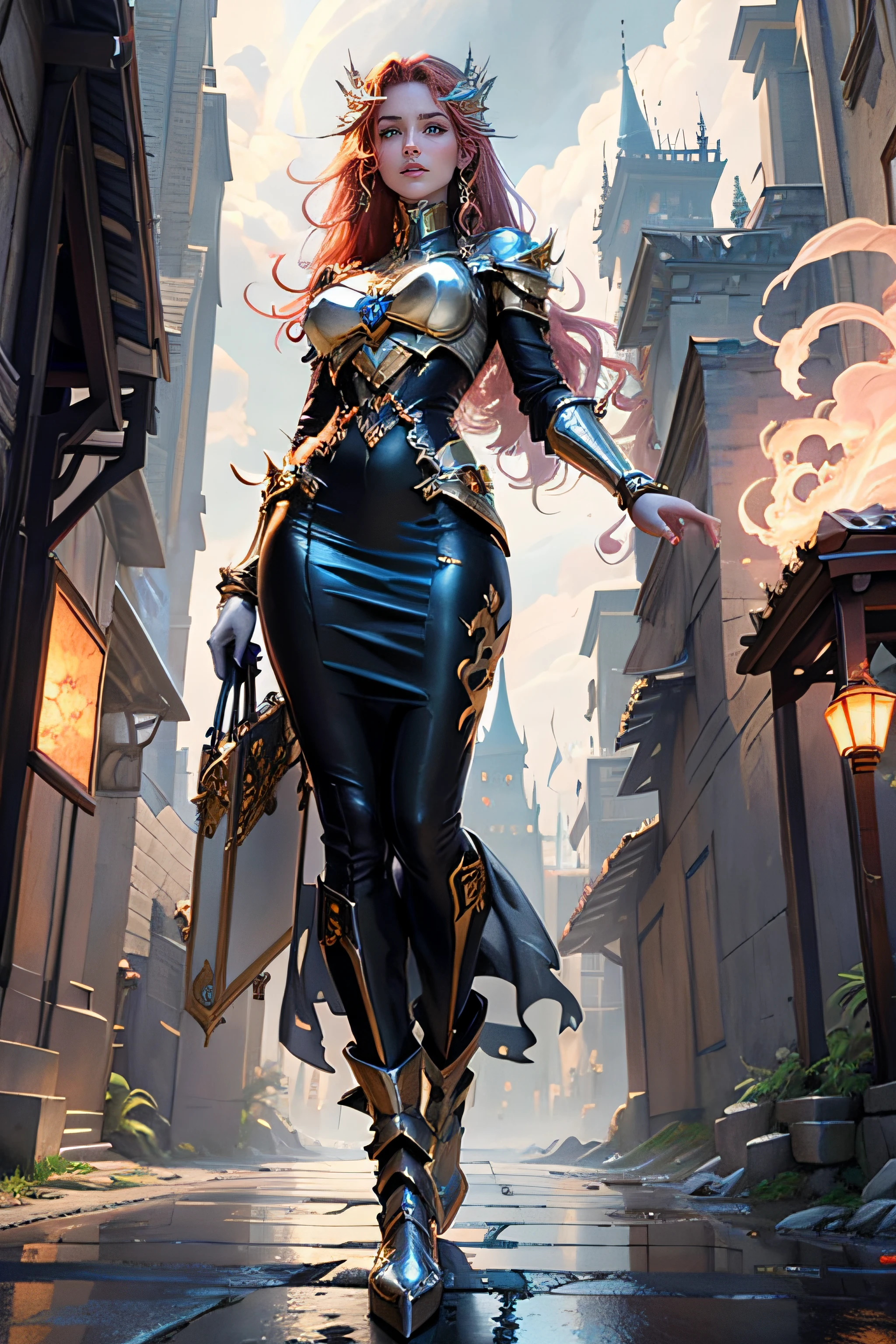 1girll, 8K quality，full bodyesbian, Mage style, Sexy goddess，The facial features are delicate and beautiful，Red long-haired，Fairy stick in hand，wands，Stand high，der riese，Architectural view of the ancient castle，blueglow，dark stormy clouds，Sky spaceship，Multiple planets，The setting sun burns the clouds，Jupiter，Mards，Tornado，Flaming，Goddess Mage，Large bearings，Stone dragon wall，Full of gold treasures，Gold and silver jewelry，Ultra-futuristic spaceship combat vehicle。