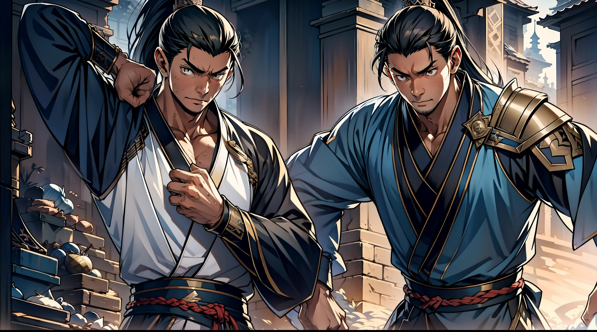 quadratic element，style of anime，mtu（Male Warrior），The proportions are correct，Face details，swordsmen，High ponytail hairstyle，Neck details，There is an Adam's apple，Black Hanfu，kaftan，Embroidered robes，Black robe，clothes details，Handing over，longer sleeves，Game quality，Swordsmanship，Light and shadow tracking，Ray traching，detailed glow，cg render，hair detail，cabelos preto e longos，Black eyes，Handsome，Handsome，（juvenile sense），Clothing is complicated，Perfectcomposition，Refinement，high qulity，higher details，Lots of details，The background is complex，a sense of atmosphere，