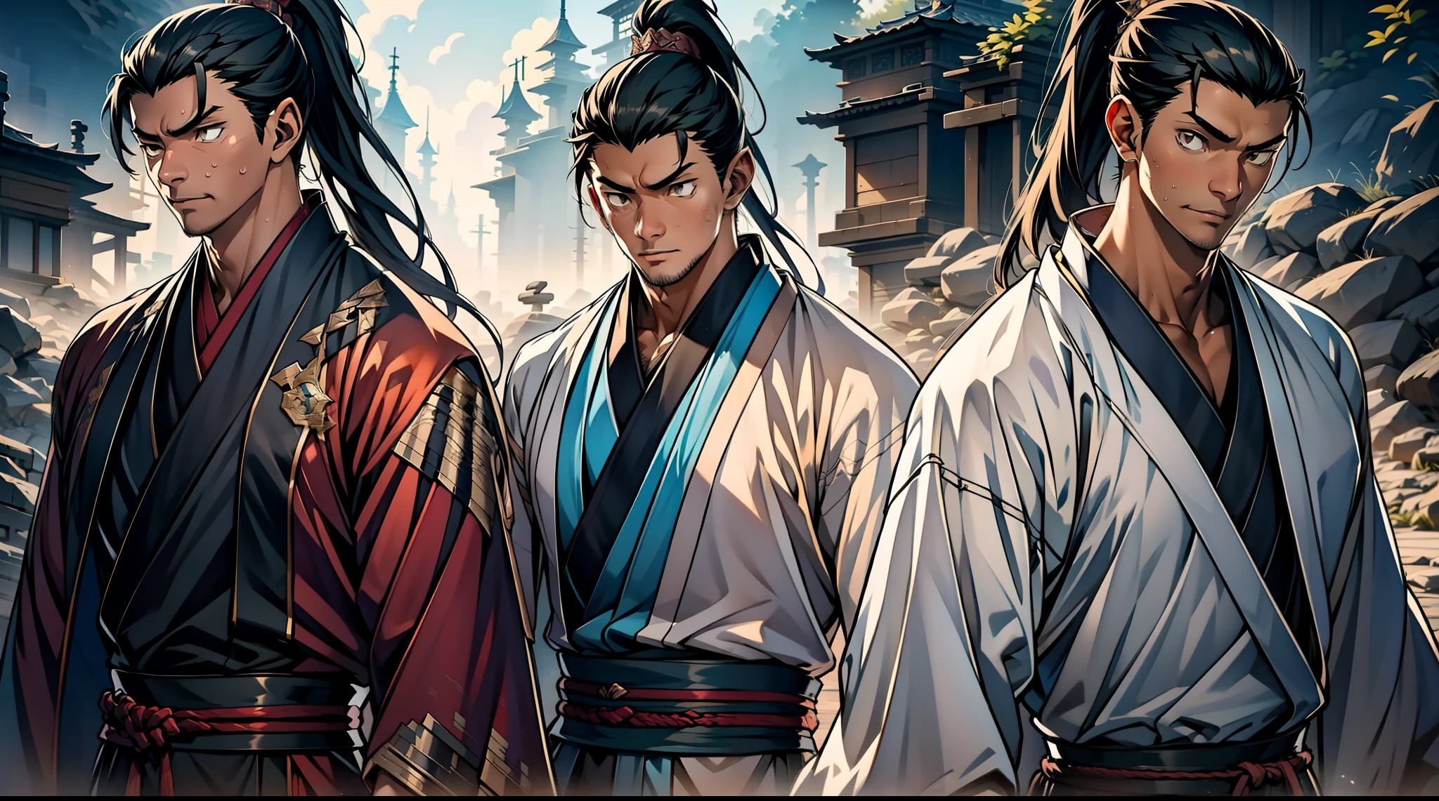 quadratic element,style of anime,mtu(Male Warrior),The proportions are correct,Face details,swordsmen,High ponytail hairstyle,Neck details,There is an Adam's apple,Black Hanfu,kaftan,Embroidered robes,Black robe,clothes details,Handing over,longer sleeves,Game quality,Swordsmanship,Light and shadow tracking,Ray traching,detailed glow,cg render,hair detail,cabelos preto e longos,Black eyes,Handsome,Handsome,(juvenile sense),Clothing is complicated,Perfectcomposition,Refinement,high qulity,higher details,Lots of details,The background is complex,a sense of atmosphere,