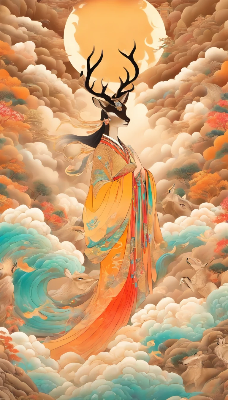Wall paintings,Ultra-high sharpness,Grandiose scenes,Colorful colorful,Bright colors,themoon,Colorful sika deer in the center of the picture,One of them wore a yellow silk suit,Beautiful woman wearing a golden round headdress,The facial features are delicate and beautiful,Ride on a sika deer and step on colorful clouds,Dunhuang murals,