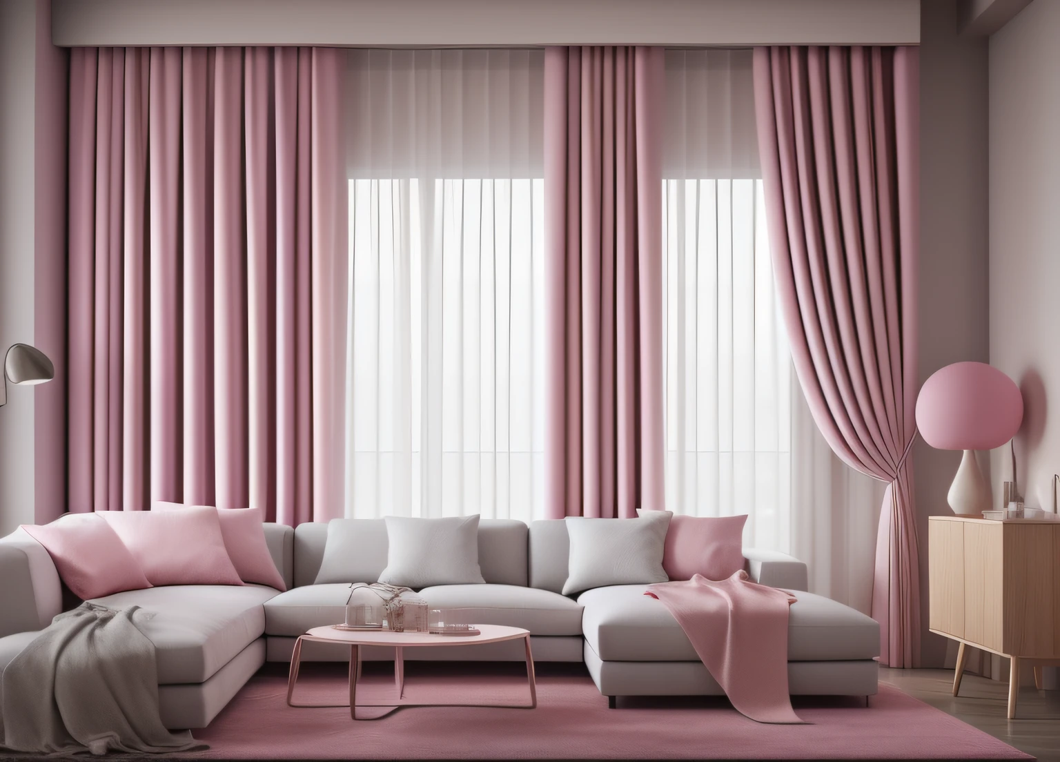 thick curtains, photo, pink, interior, modern , (angled), (masterpiece),(high quality), best quality, real, (realistic), super detailed, (full detail),(4k),8k