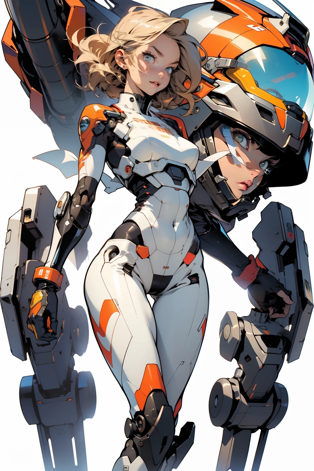 ((Best quality)), ((masterpiece)), (detailed: 1.4), (Absurd), (((full body)), (((woman))), 35-year-old woman, perfect eyes, well defined eyes, Beautiful thin woman, giant robot pilot, wild with perfect body, wearing little clothing, tiny thong, clothing with Japanese graphic patterns, halftone pattern and vertical stripes, yellow gold, coming out of the body of a giant robot, thigh gap, dynamic pose,