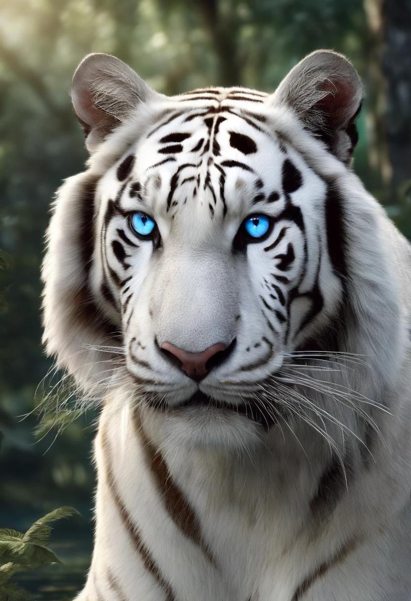 （２White Tiger King：1.5）, Elegant with gray hair,Stand strong， (Solid white: 1.3), (Shining blue eyes), Delicate fur, Finely drawn face, sharpteeth, nice tail, Realistic Forest, Low contrast, (Medium and near focal lengths: 1.3), of the highest quality, Extremely detailed, Unlimited details, photos realistic, of the highest quality, T's masterpiece, Premium Wallpapers, 8K, Octaneized Rendering, (Do not appear in human form: 1.4) ，（zoomout：1.5）