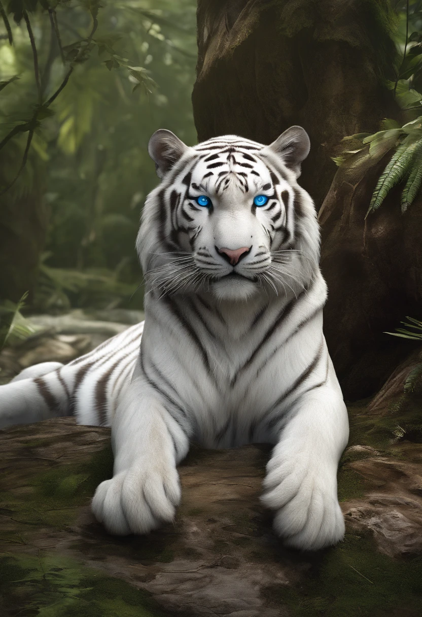 （２White Tiger King：1.5）, Elegant with gray hair,Stand strong， (Solid white: 1.3), (Shining blue eyes), Delicate fur, Finely drawn face, sharpteeth, nice tail, Realistic Forest, Low contrast, (Medium and near focal lengths: 1.3), of the highest quality, Extremely detailed, Unlimited details, photos realistic, of the highest quality, T's masterpiece, Premium Wallpapers, 8K, Octaneized Rendering, (Do not appear in human form: 1.4) ，（zoomout：1.5）