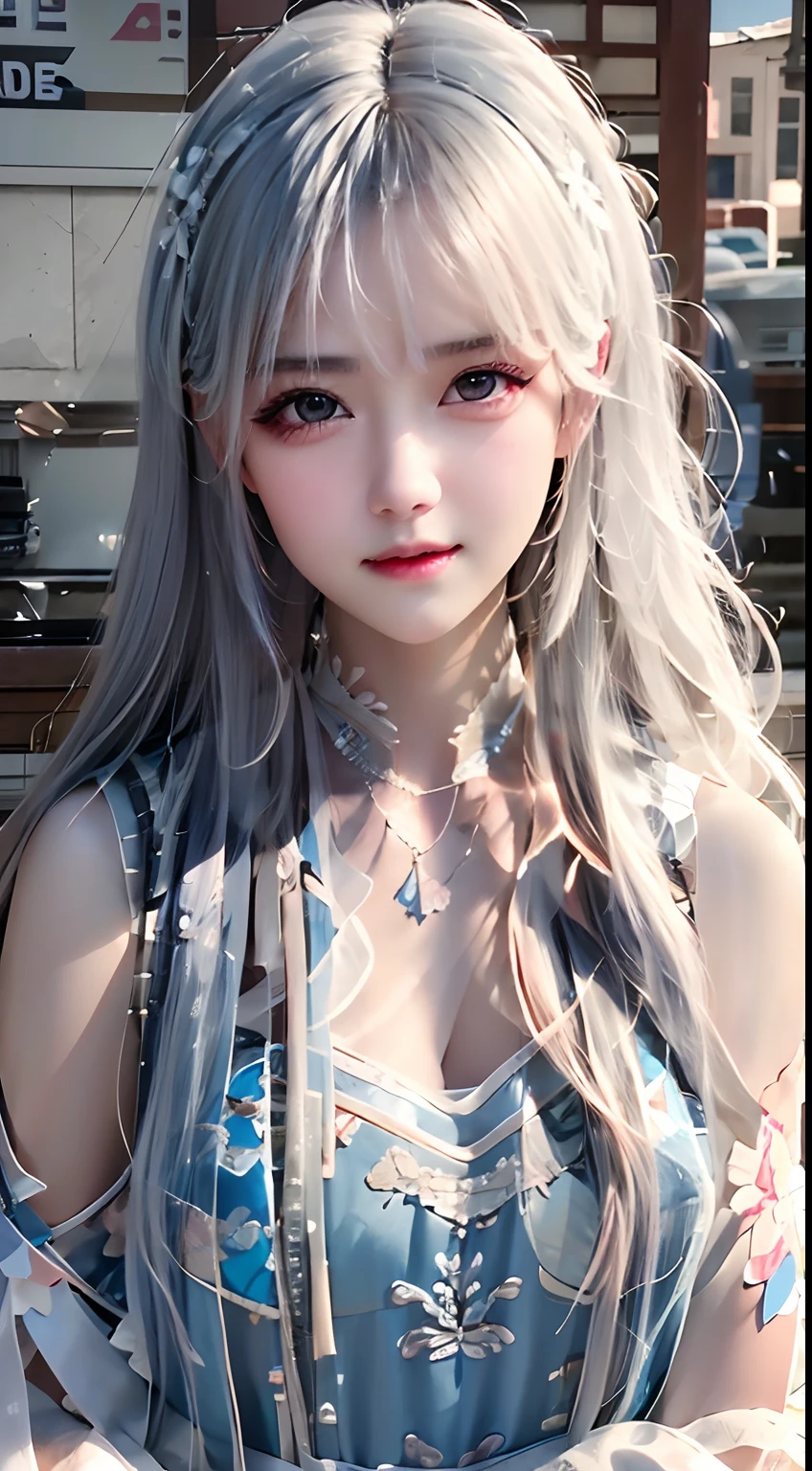 Beautiful asian girl photos,Cool,Premium photos,Western beauty,Shoulder-length white hair tucked a pinch of blue,Pink sleeveless vest,Tulle coat,The color of artist Sargent,Realistic facial features, beautiful light up,Extremely beautiful facial details and delicate eyes,Clear and three-dimensional facial features,32K