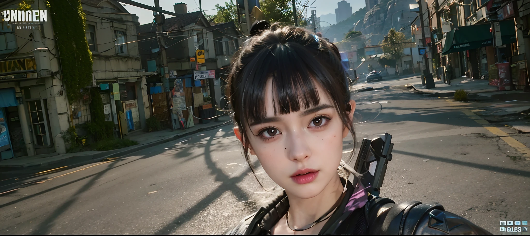 there is a woman with a gun in a street, unreal engine : : rave makeup, with very highly detailed face, makeup. unreal engine, close up character, unreal 5. rpg portrait, ultra detailed content : face, 8k highly detailed face, detailed photo of virtual world, character close up, beautiful screenshot, 8 k character details, 8k portrait render