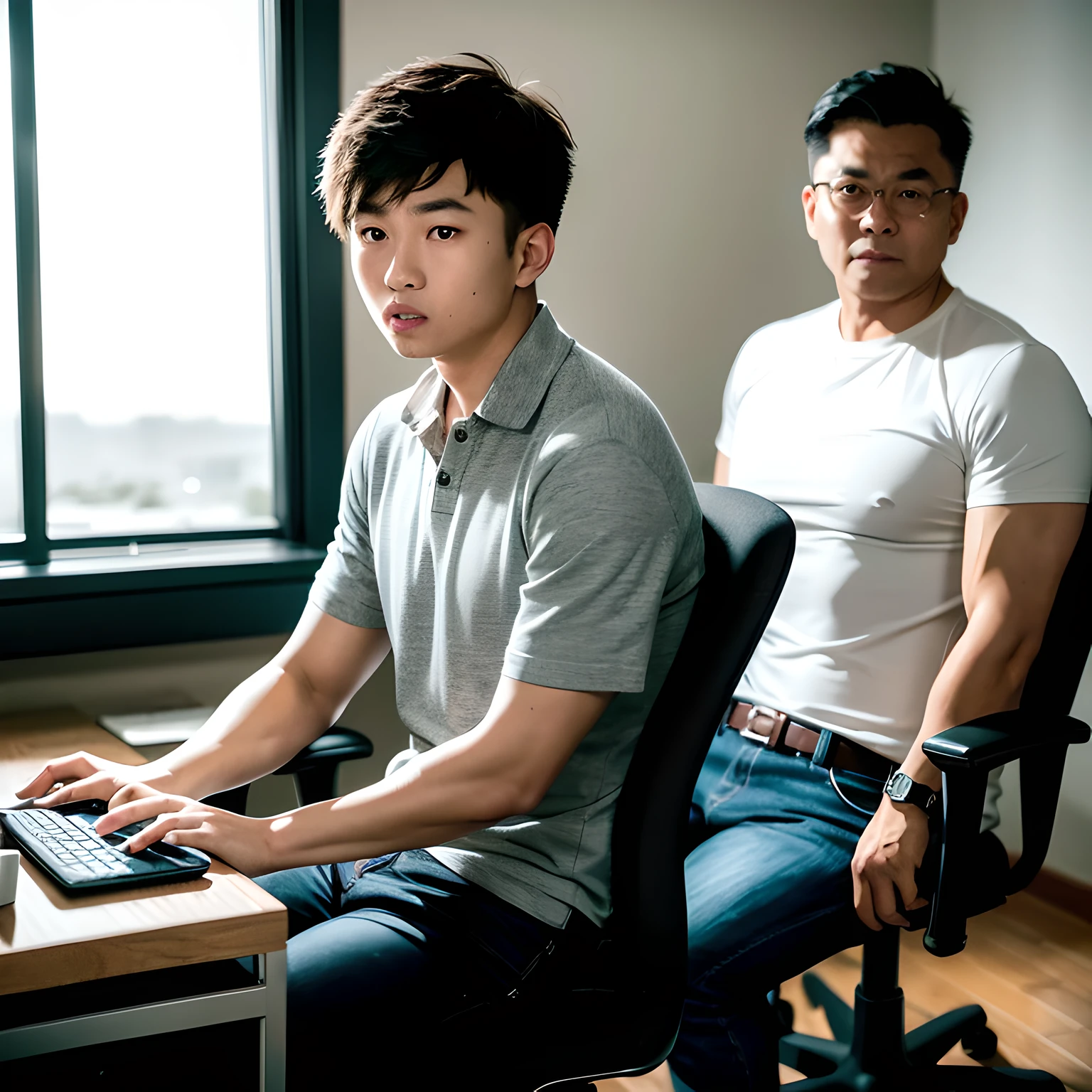 a realistic photography of an excited asian teenager wearing casual shirt sitting in front of a computer playing video games while a father of asian business man staring in the background with dissapointment, 2boys, multiple people, cinematic, realistic, HD, best quality, high resolution, 4K, close up, simple background, photo realistic, ultra details, ultra realistic, ultra detailed, cinematic lighting, highly detailed, breathtaking, photography