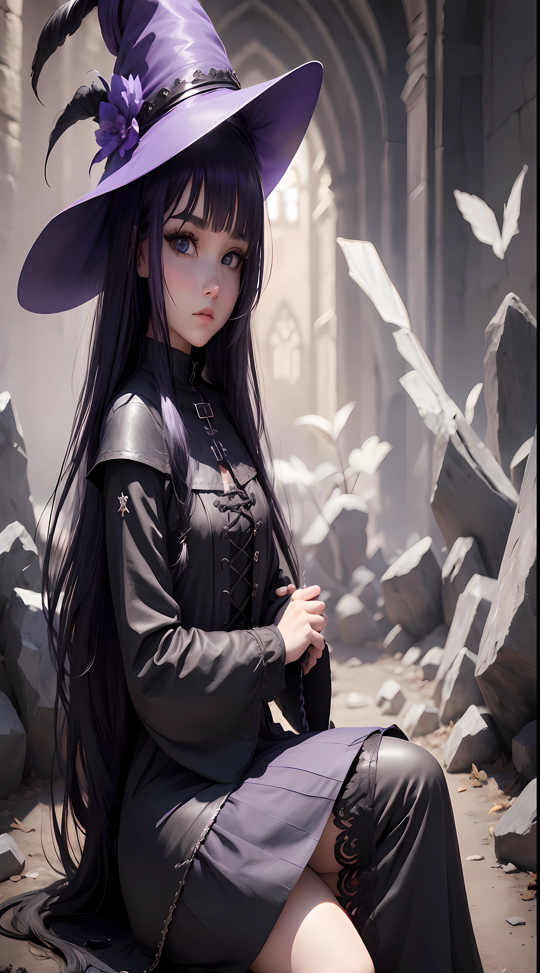 uma personagem bruxa litle com longos cabelos pretos e franja, olhos violetas e vestindo um vestido medieval prateado e botas pretas, different angles, Kawai aesthetics