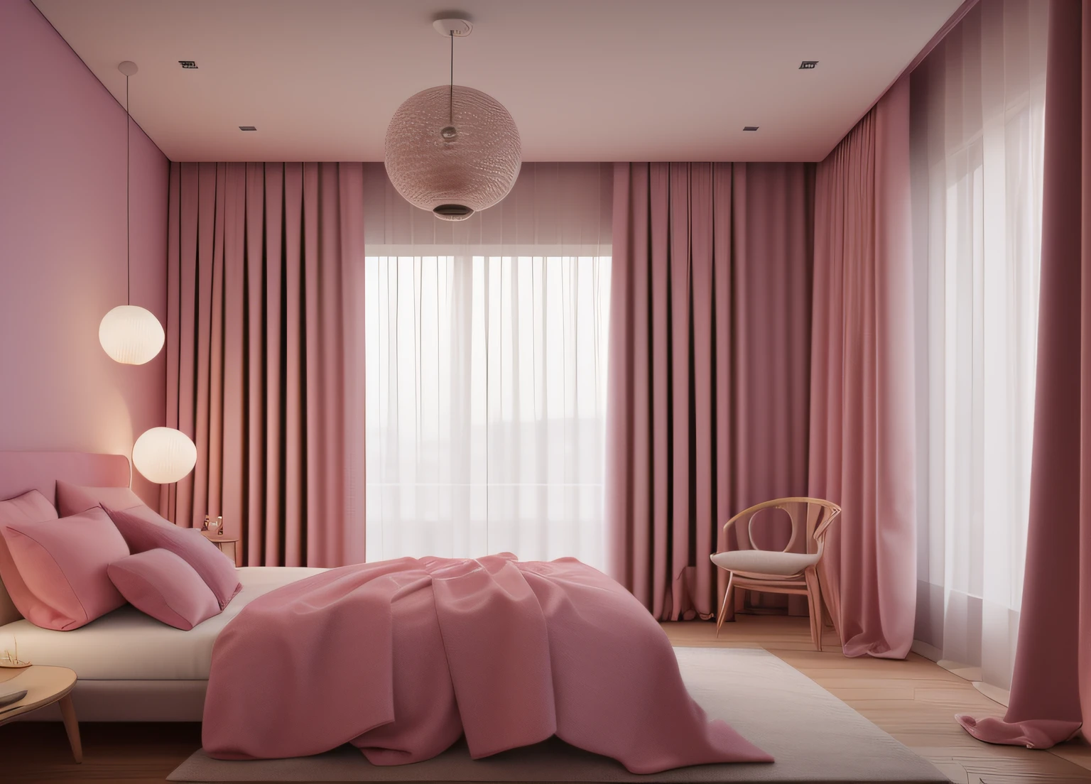 bedroom, thick curtains, photo, pink, interior, modern , (angled), (masterpiece),(high quality), best quality, real, (realistic), super detailed, (full detail),(4k),8k
