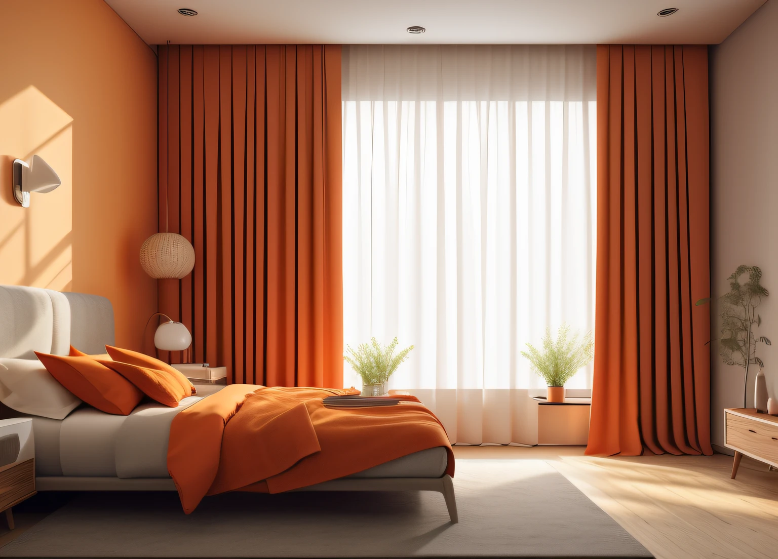 bedroom, thick curtains, photo, orange, interior, modern, (angled), (masterpiece),(high quality), best quality, real, (realistic), super detailed, (full detail),(4k),8k