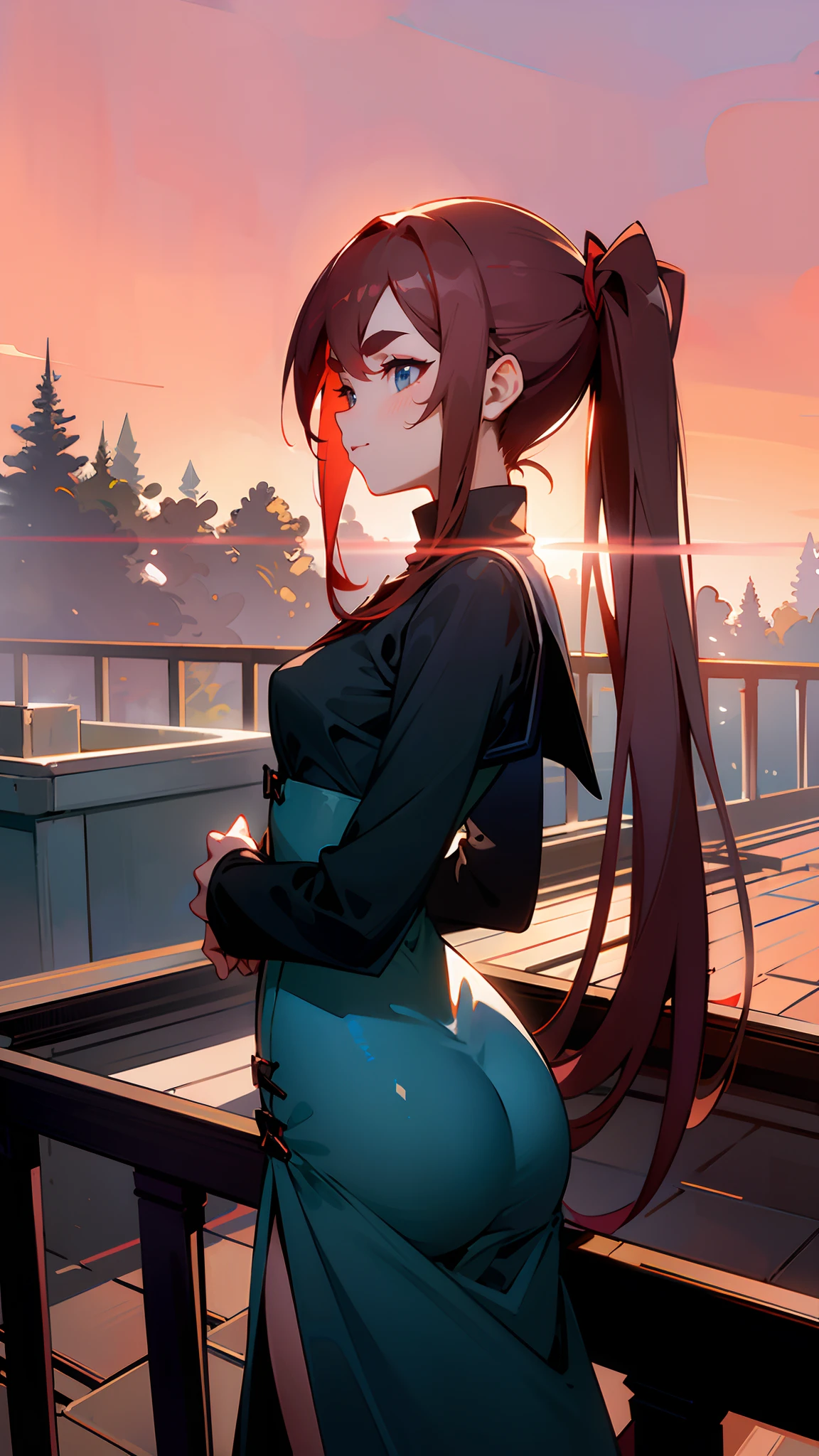 Candid Shot Picture, Volumetric Lighting, Best Shadows, Shallow Depth of Field, Portrait Of Stunningly Beautiful character ,Alluring Sharp Eyes, Sharp Eyebrows, Enjoying The Scenery, Cross On The Red Turtleneck Shirt, Long Sleeve, Red Sky At Night, Clouds, School Rooftop, Under Red Moon, Rooftop Guardrails, Villagescape, Facing Away, Side View of Leaning On Railing, (Highest Quality, Amazing Details:1.25), (Solo:1.3), Brilliant Colorful Paintings , A stunning woman , extremely long hair , reddish ￼brown hair , hair in pig tails , straight hair , baby blue eyes , large chest , wearing a tight dress, ￼age 34