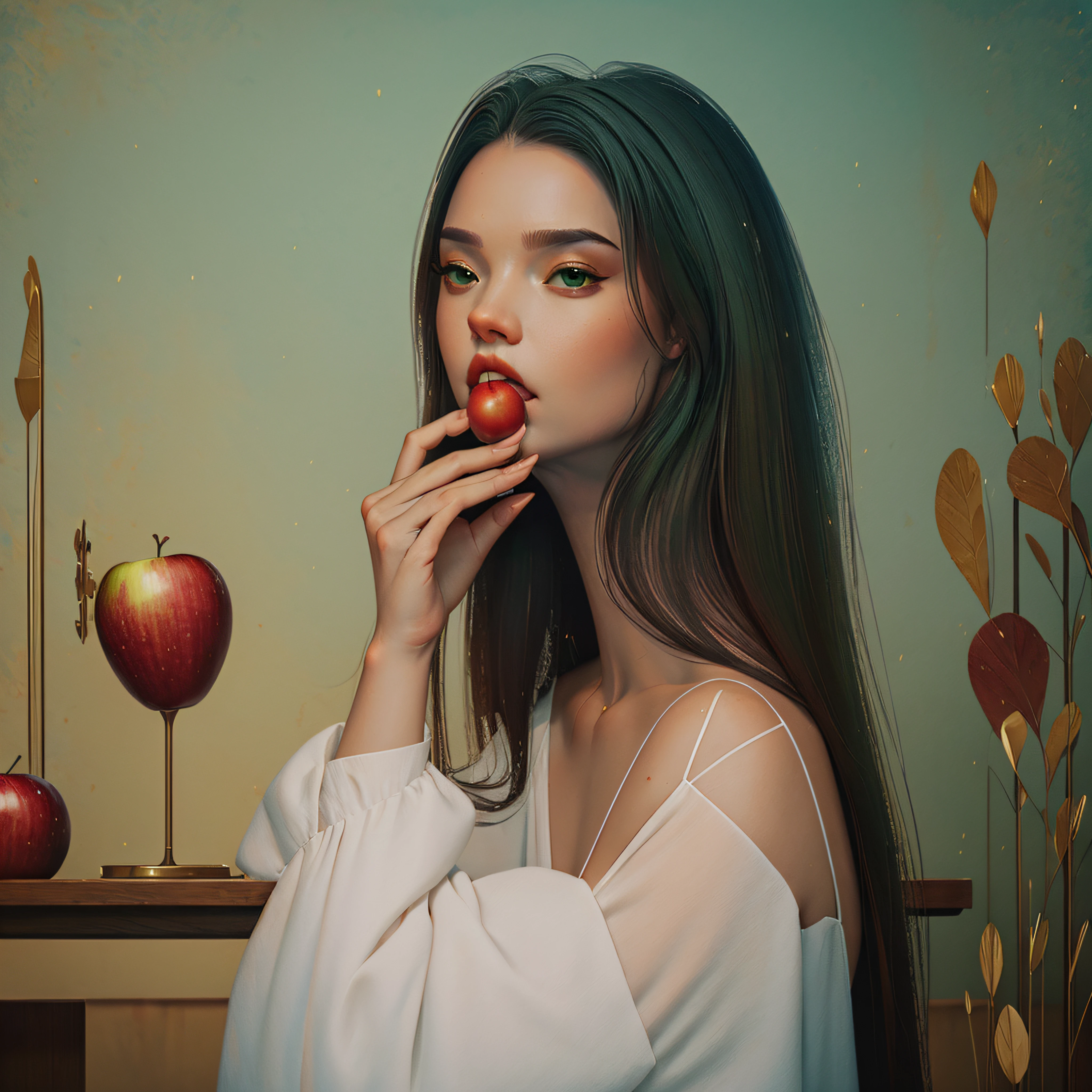 there is a woman (Adriana Lima :1.1) red lips, green eyes that is sitting at a table with an apple, exquisite digital illustration, in style of digital illustration, stunning digital illustration, a beautiful artwork illustration, elegant digital painting, beautiful digital artwork, detailed painting 4 k, realistic fantasy illustration, digital art of an elegant, renaissance digital painting, beautiful digital illustration, in the art style of bowater