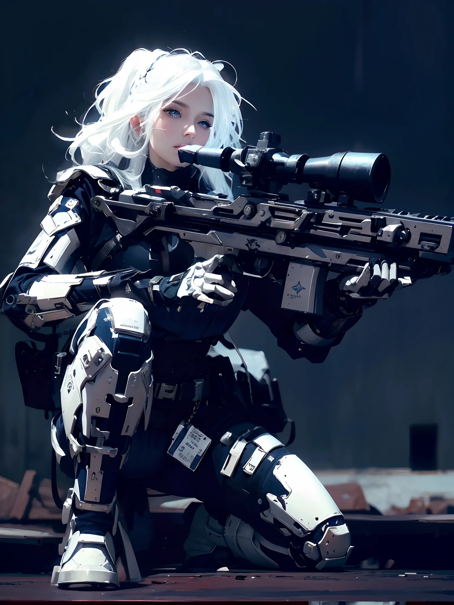 photorealistic, high resolution, 1 women, solo, hips up, look at viewer, (detailed face), white hair, long hair, innocent blue eyes, super detailed face, 8k ultra detailed, soldier girl, weapon, black custom ,detailed costum ,detailed weapon