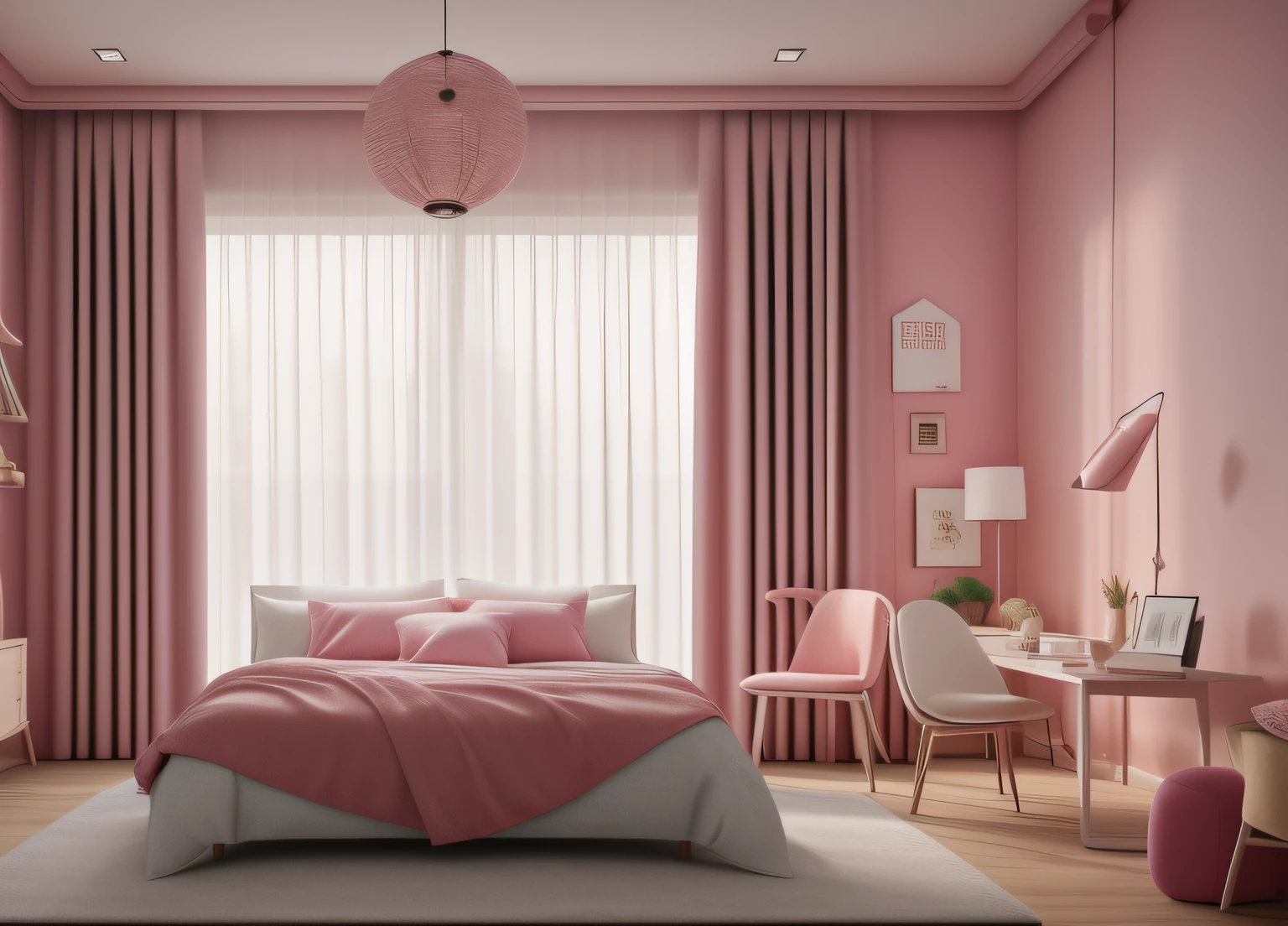 bedroom, thick curtains, photo, pink, interior, modern , (angled), (masterpiece),(high quality), best quality, real, (realistic), super detailed, (full detail),(4k),8k