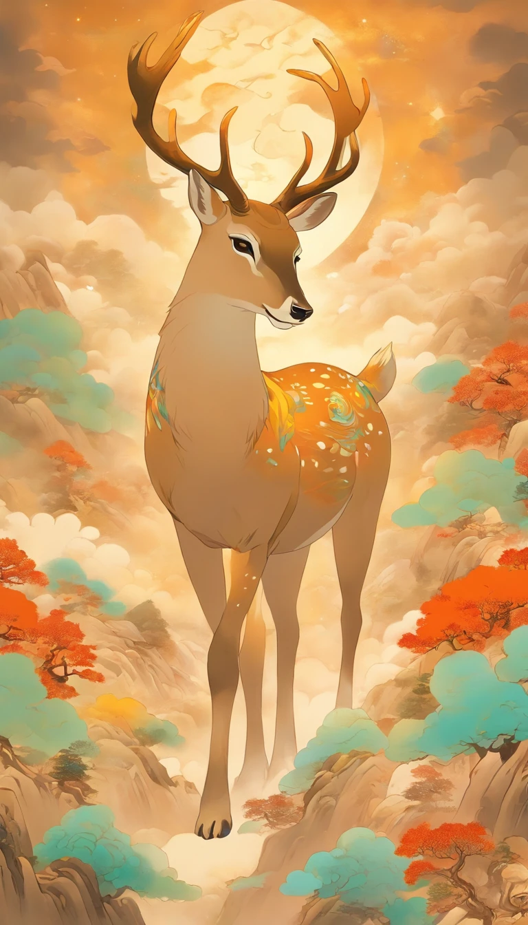 Wall paintings，Ultra-high sharpness，themoon，Grandiose scenes，Colorful colorful，Bright colors，One wears a yellow silk suit，Beautiful woman wearing a golden round headdress，The facial features are delicate and beautiful，Riding on the white deer，White deer feet step on colorful clouds，Dunhuang murals，