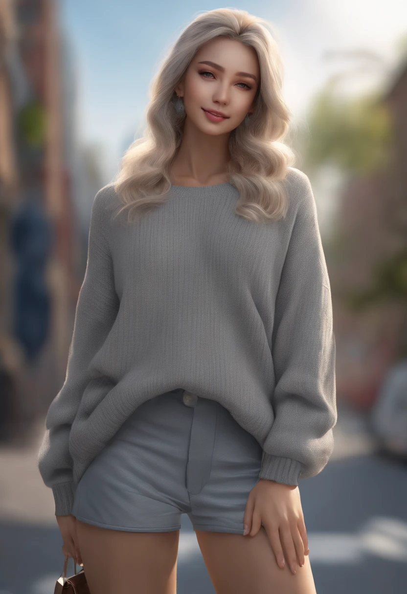 (extremely detailed CG unity 8k wallpaper), (masterpiece), (best quality), (ultra-detailed), (best illustration), (best shadow), (photorealistic:1.4), 1girl on street, Kpop idol, ((very oversize sweater, buttoned sweater, open sweater)), (grey hair:1.1), collarbone, (midel breasts:1.3), looking at viewer, smile, full body, (nude)