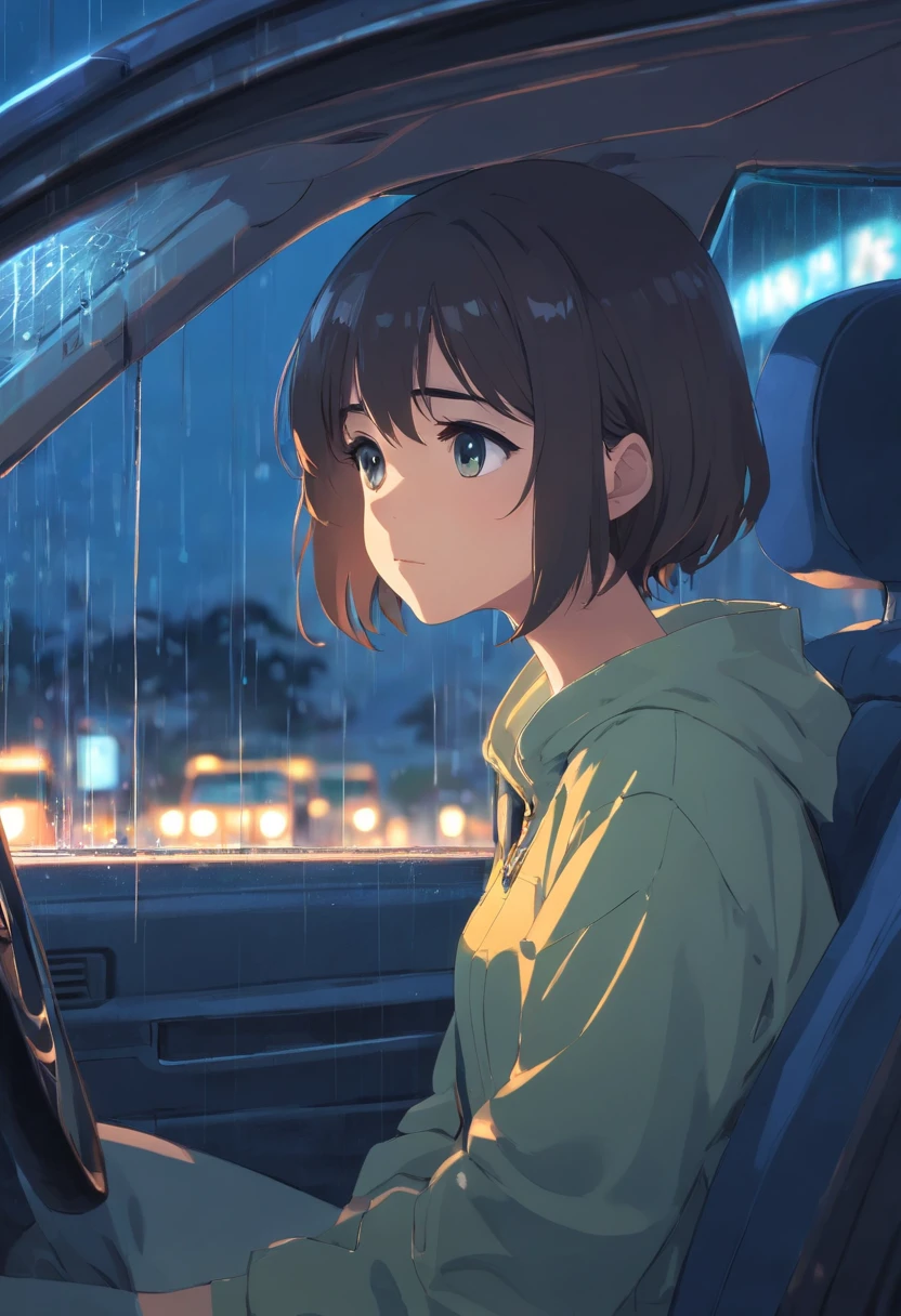 1 girl, sitting in a car, depressed expression, lonely, disappointed, raining outside, night