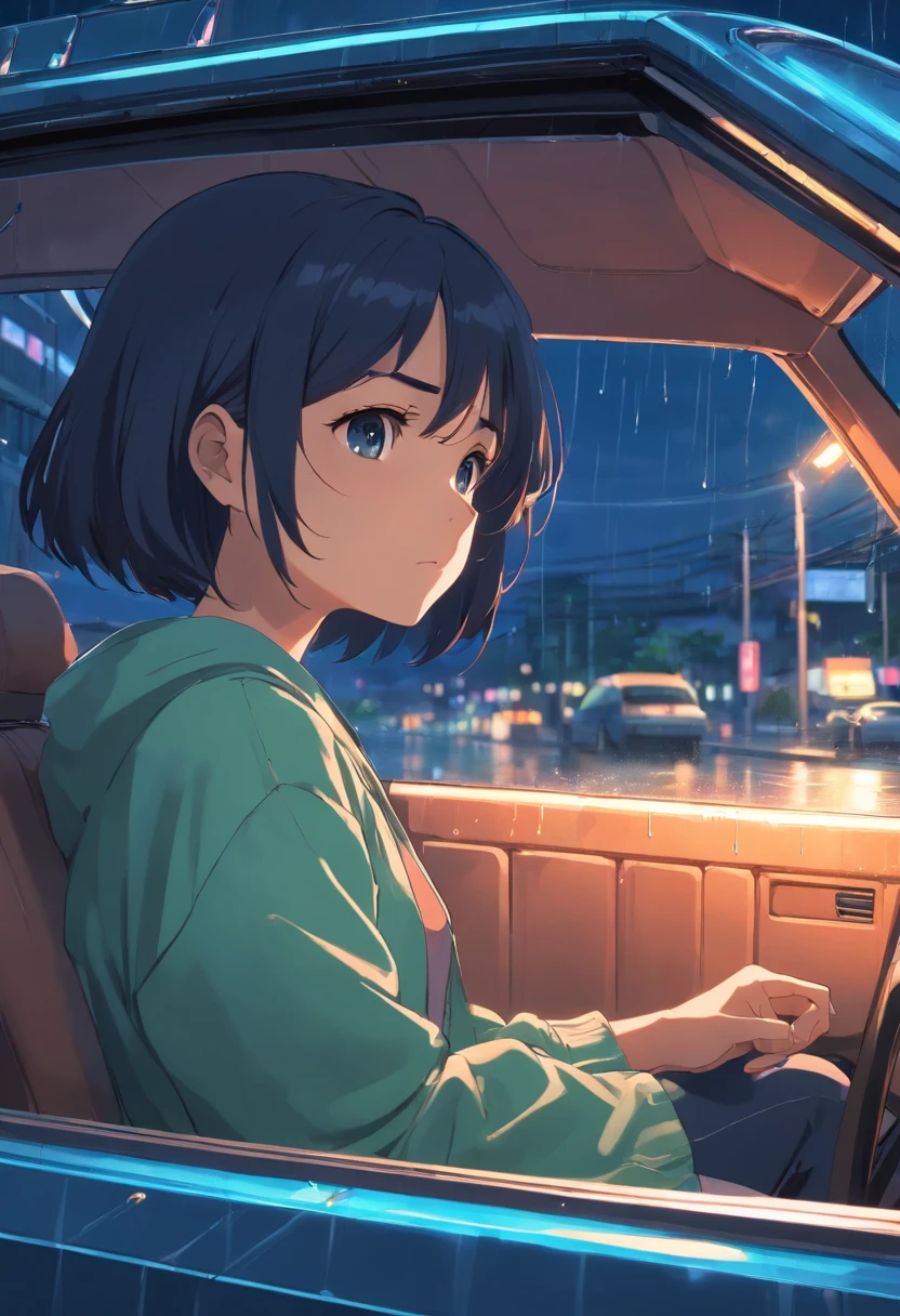 1 girl, sitting in a car, depressed expression, lonely, disappointed, raining outside, night