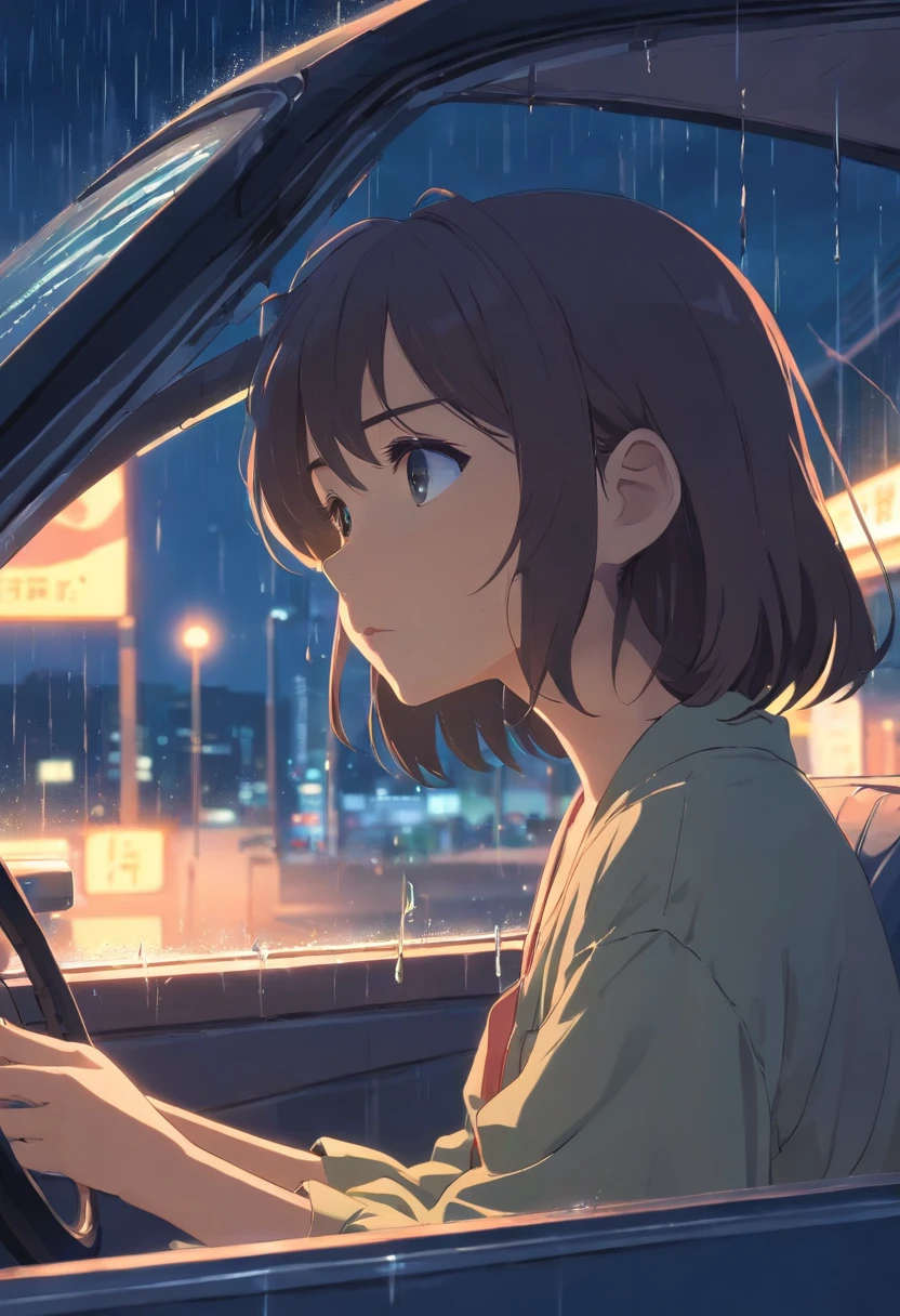 1 girl, sitting in a car, depressed expression, lonely, disappointed, raining outside, night