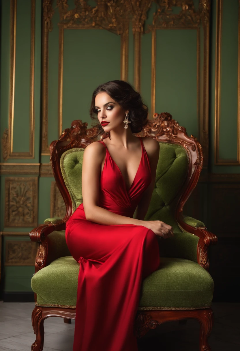 (Sonata Fletcher) Sitting on a fancy red chair, looking directly at the camera, wearing a red long dress, face with artgram, subtle makeup, stunning full body shot, piercing green eyes, beautiful angle, attractive pose, cute girl, sexy pose, full body picture, full body, full body shoot, brunette goddess, high detail, satisfied pose
