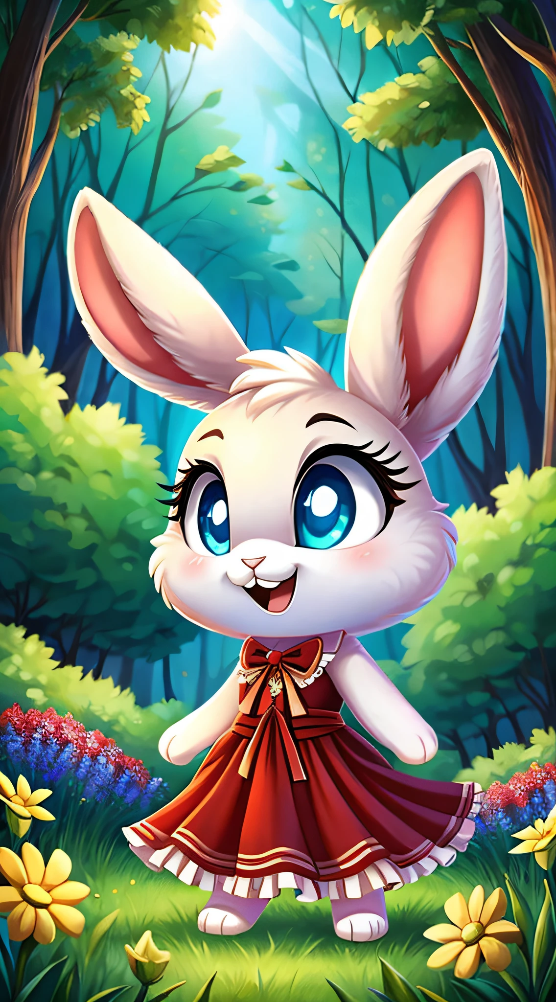 zoomed out image, fantasy style art, cute, adorable, short character, small, tiny little fluffy female white bunny with blue eyes, 4 ears, 2 extra ears, big floppy ears, long ears, ears perked up, raised ears, long eyelashes, poofy rabbit tail, wearing a red frilly ribbon dress, smiling, standing in a forest, big expressive smile, open mouth, wide eyes, excited eyes, excited face, stunning visuals, flowers scattered in the bushes, digital illustration