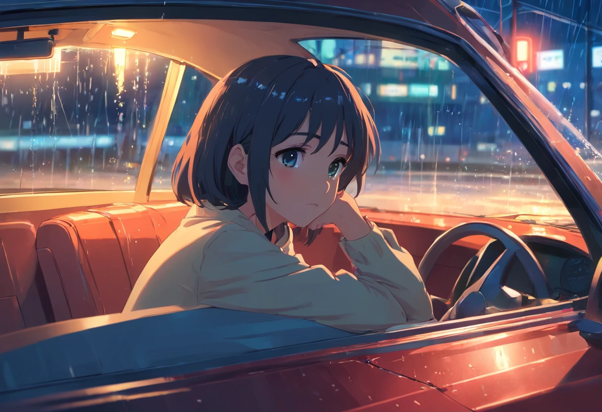 1 girl, sitting in a car, depressed expression, lonely, disappointed, raining outside, night