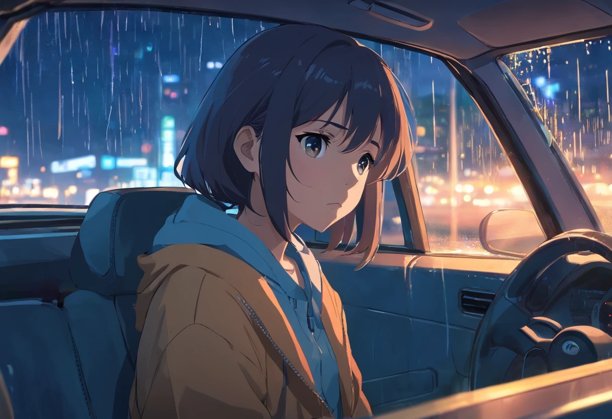 1 girl, sitting in a car, depressed expression, lonely, disappointed, raining outside, night