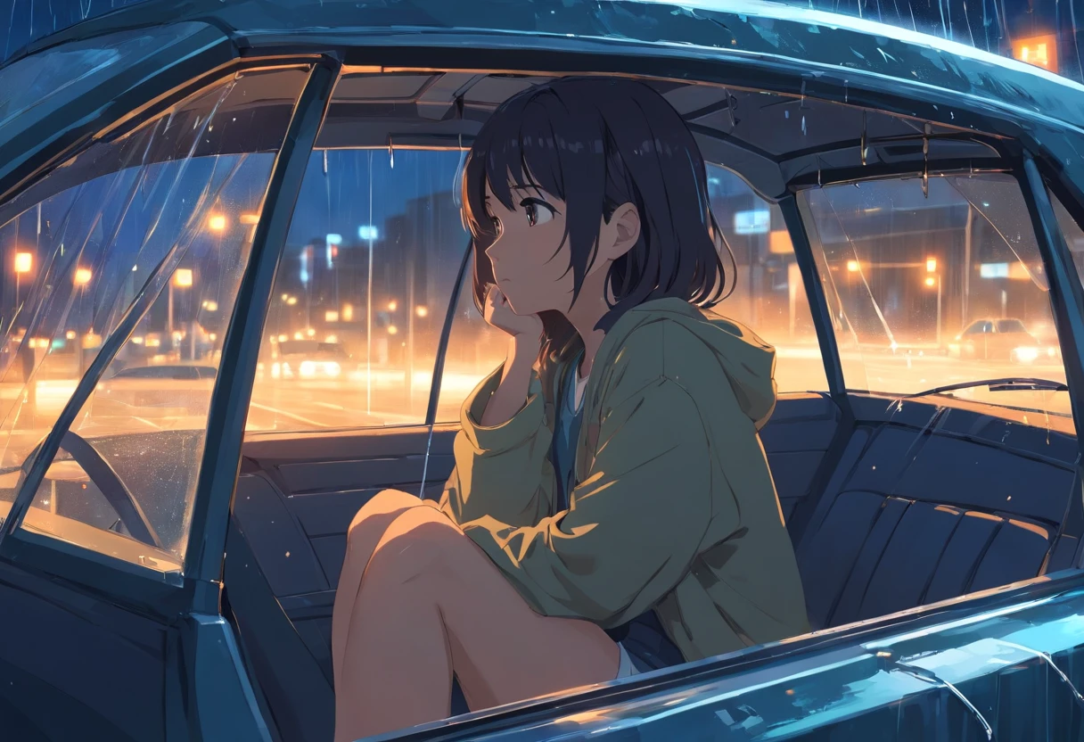 1 girl, sitting in a car, depressed expression, lonely, disappointed, raining outside, night