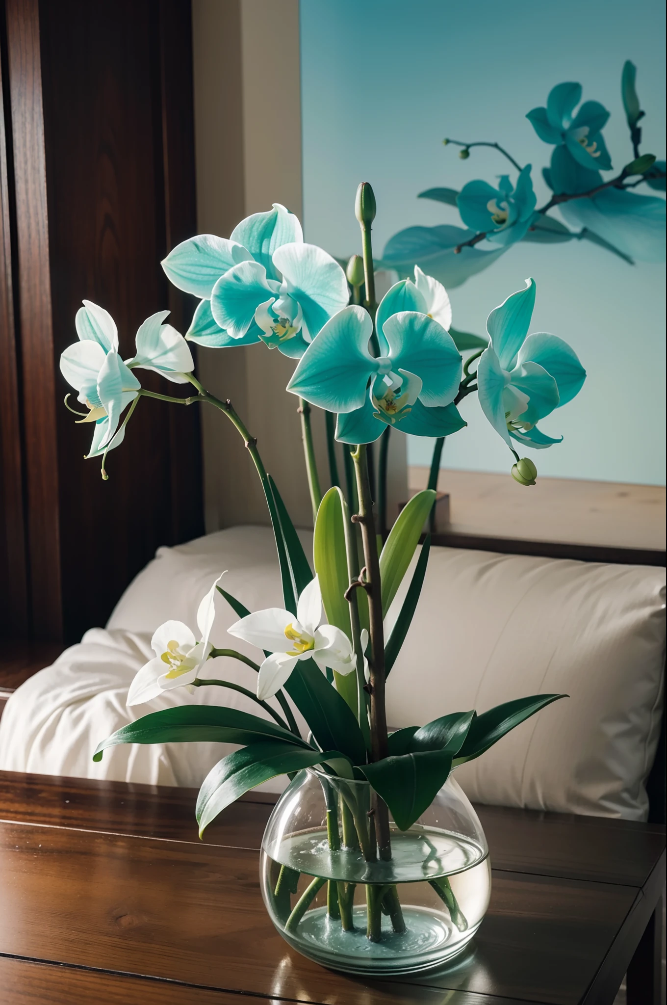 There are three blue flowers in a vase on the table, hoa lan.  8 k, Natural reality rendering, Rendering with Povray, green orchid, Highly detailed rendering, Surreal detail rendering, hoa lan, Orchids made from mother-of-pearl, hoa lan, hoa lan, hoa lan, Giant Orchid 3D, Soft, highly detailed, light, Butterfly Orchid, softly bent branches