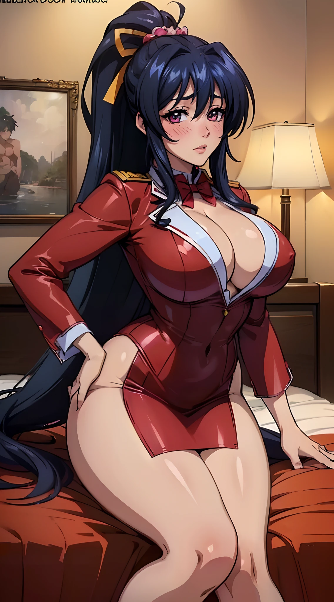 (melhor qualidade:1.3), (qualidade 4k), Akeno himejima by high school dxd, ((Rosto detalhado)), ((body curvy)),((Cara de blush)), (peitos grandes), clivagem, sexy, ((quarto)), ((uniforme))