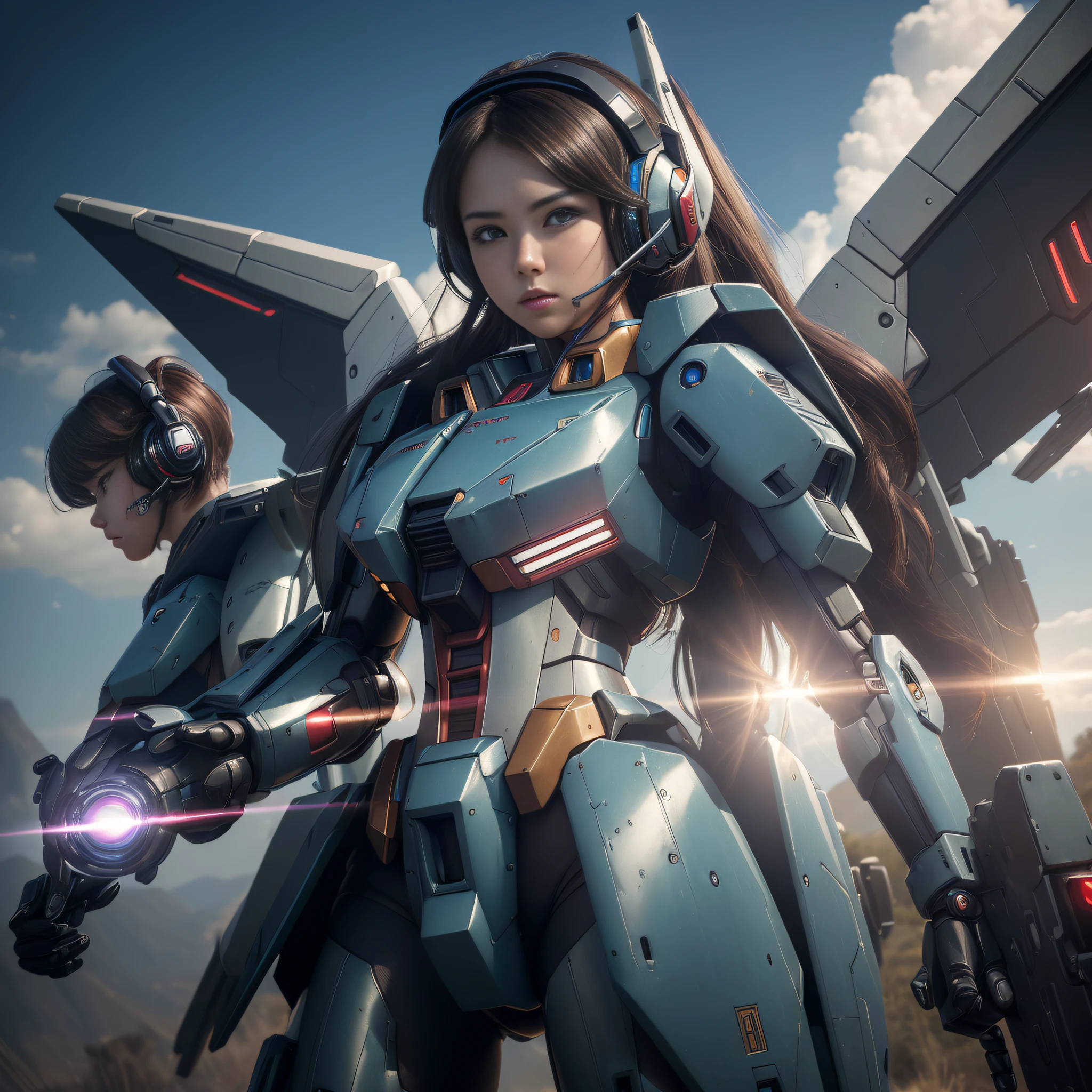 (Masterpiece:1.3), (8K, Photorealistic, Raw photography, Best Quality:1.4), (Ultra high Detailed), Mecha girl, details face, details hair, Android girl has gone crazy, (Detachable arm, beam rifle arm), mechanical battle suit, (lens flare:1.1), (big both Wings similar to Strike Gundam on the back), (futuristic Head-mounted display for one eye and headset)