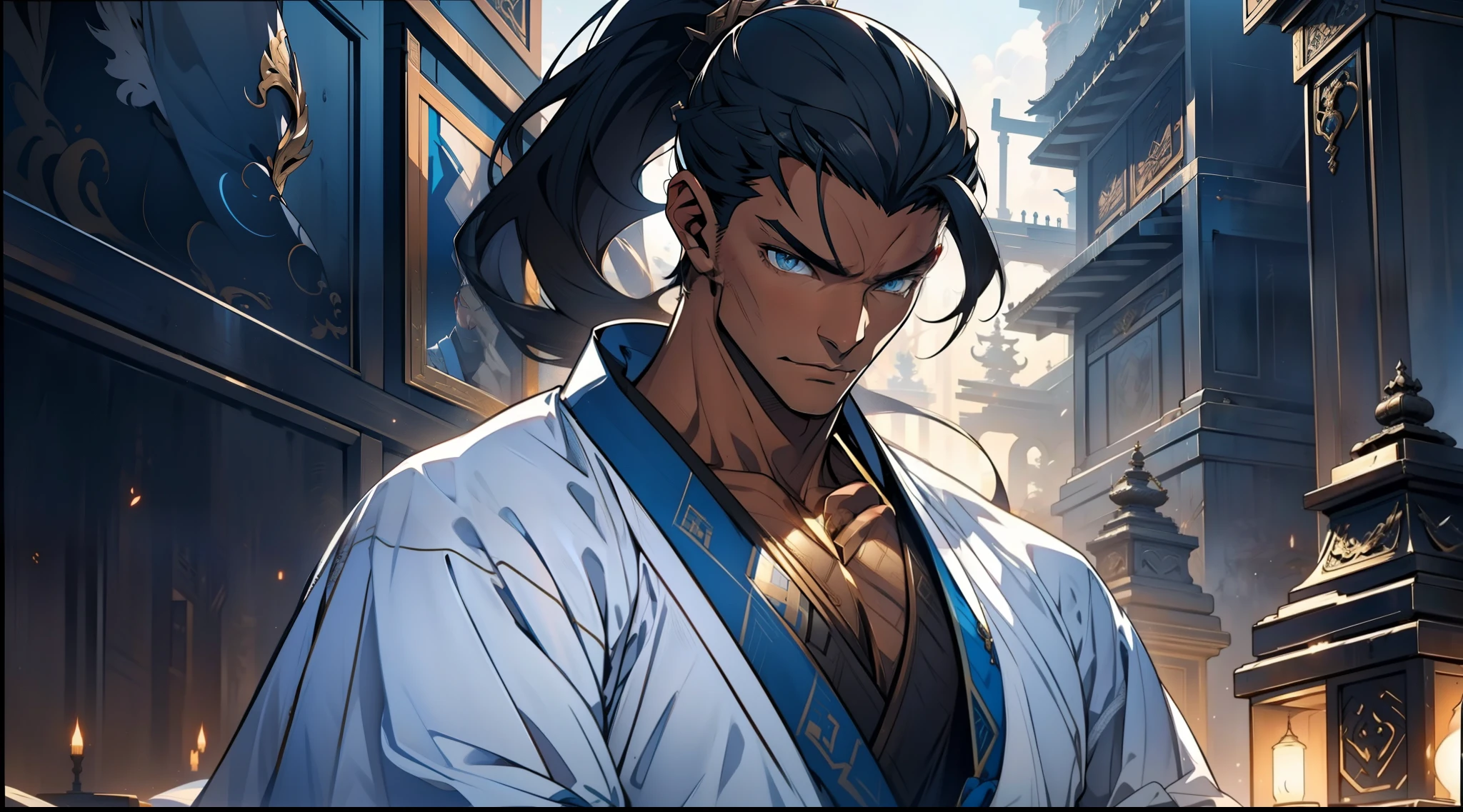 quadratic element,style of anime,mtu(Male Warrior),The proportions are correct,Face details,swordsmen,High ponytail hairstyle,Neck details,There is an Adam's apple,White robe,kaftan,long white robe,clothes details,Handing over,longer sleeves,Game quality,Swordsmanship,Light and shadow tracking,Ray traching,detailed glow,cg render,hair detail,cabelos preto e longos,blue colored eyes,Handsome,Handsome,(juvenile sense),Clothing is complicated,Perfectcomposition,Refinement,high qulity,higher details,Lots of details,The background is complex,a sense of atmosphere,