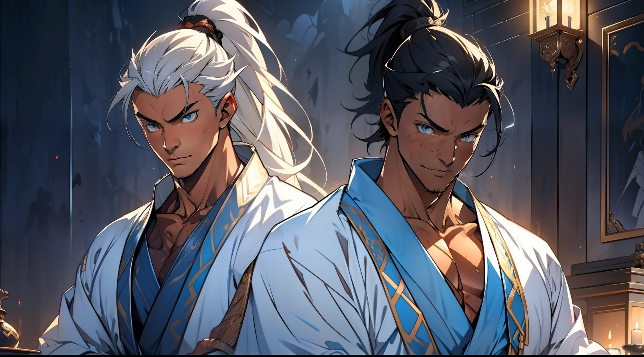 quadratic element,style of anime,mtu(Male Warrior),The proportions are correct,Face details,swordsmen,High ponytail hairstyle,Neck details,There is an Adam's apple,White robe,kaftan,long white robe,clothes details,Handing over,longer sleeves,Game quality,Swordsmanship,Light and shadow tracking,Ray traching,detailed glow,cg render,hair detail,cabelos preto e longos,blue colored eyes,Handsome,Handsome,(juvenile sense),Clothing is complicated,Perfectcomposition,Refinement,high qulity,higher details,Lots of details,The background is complex,a sense of atmosphere,