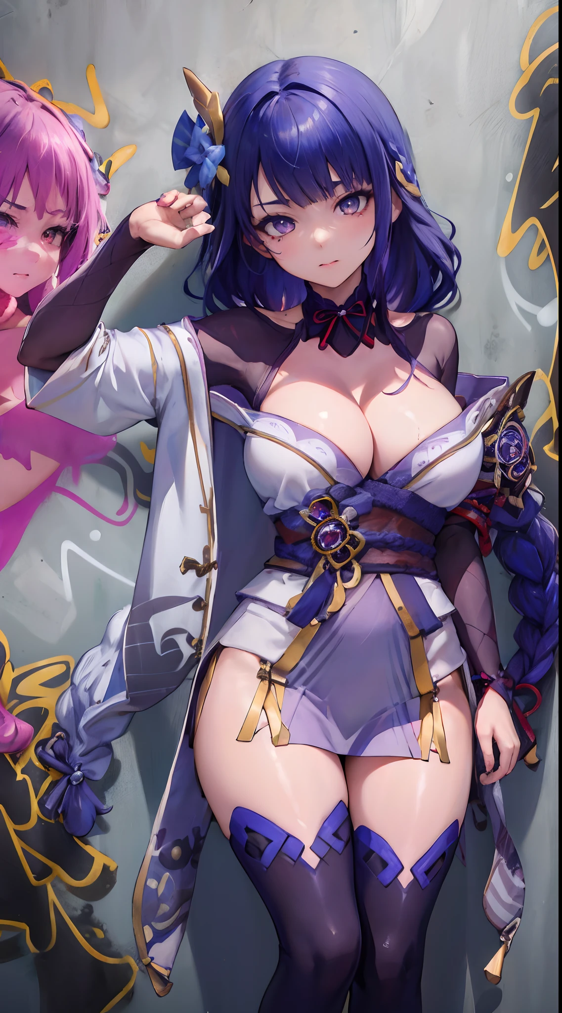 Kujou Sara Genshin Effect, masterpiece, bestquality, 1girls, bara, choker, (Graffiti:1.5), color splashes, arm behind back, against wall, looking at the audience, bracelet, Thigh strap, Paint on the body.................., Head tilt, bored, multicolored hair, water eyes, headset,