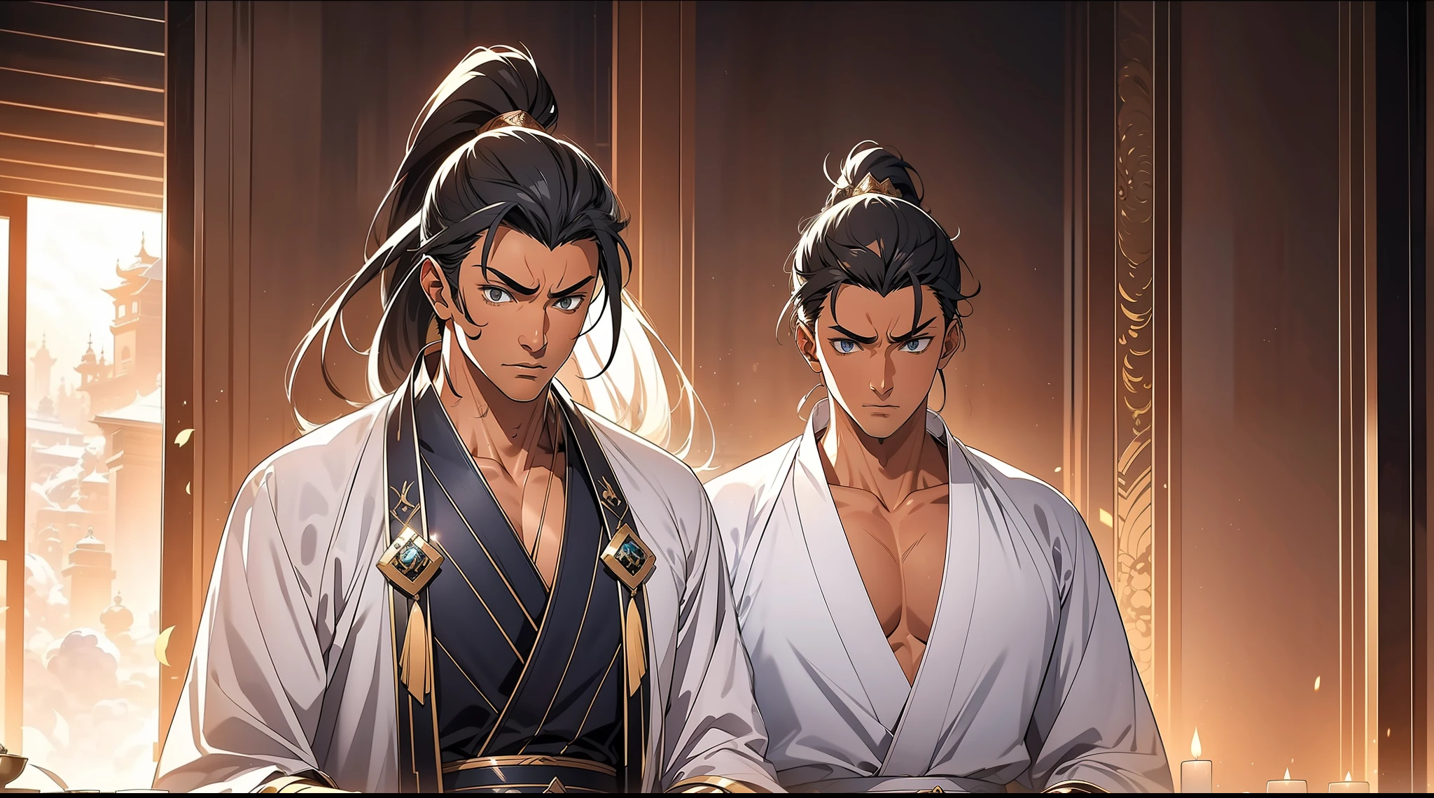quadratic element,style of anime,mtu(Male Warrior),closeup of face,High ponytail hairstyle,perspired,White Hanfu,longer sleeves,Wear arm guards、Armour,blue colored eyes(eyes glowing),cabelos preto e longos,Sweat on the face,Handsome,(juvenile sense),Clothing is complicated,Refinement,high qulity,higher details,a sense of atmosphere,facial closeups,