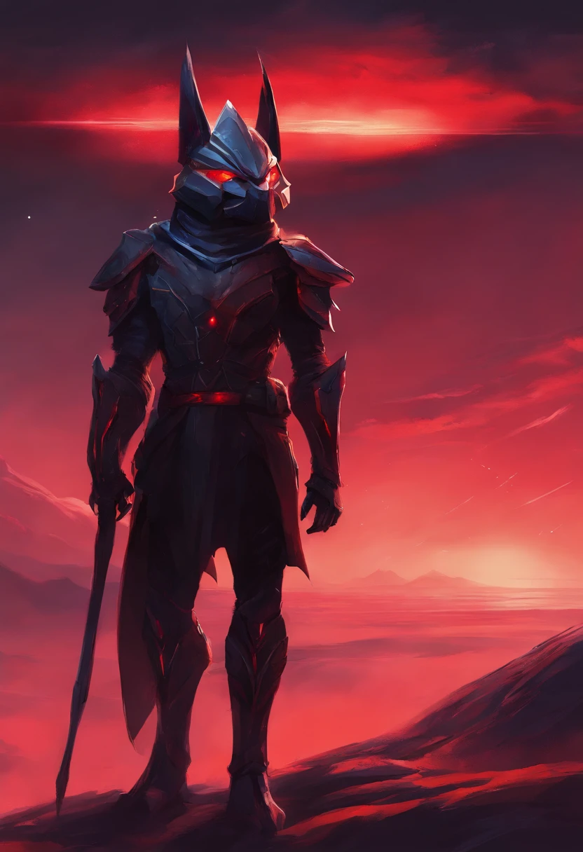 black protogen with red visor staring off into the night sky