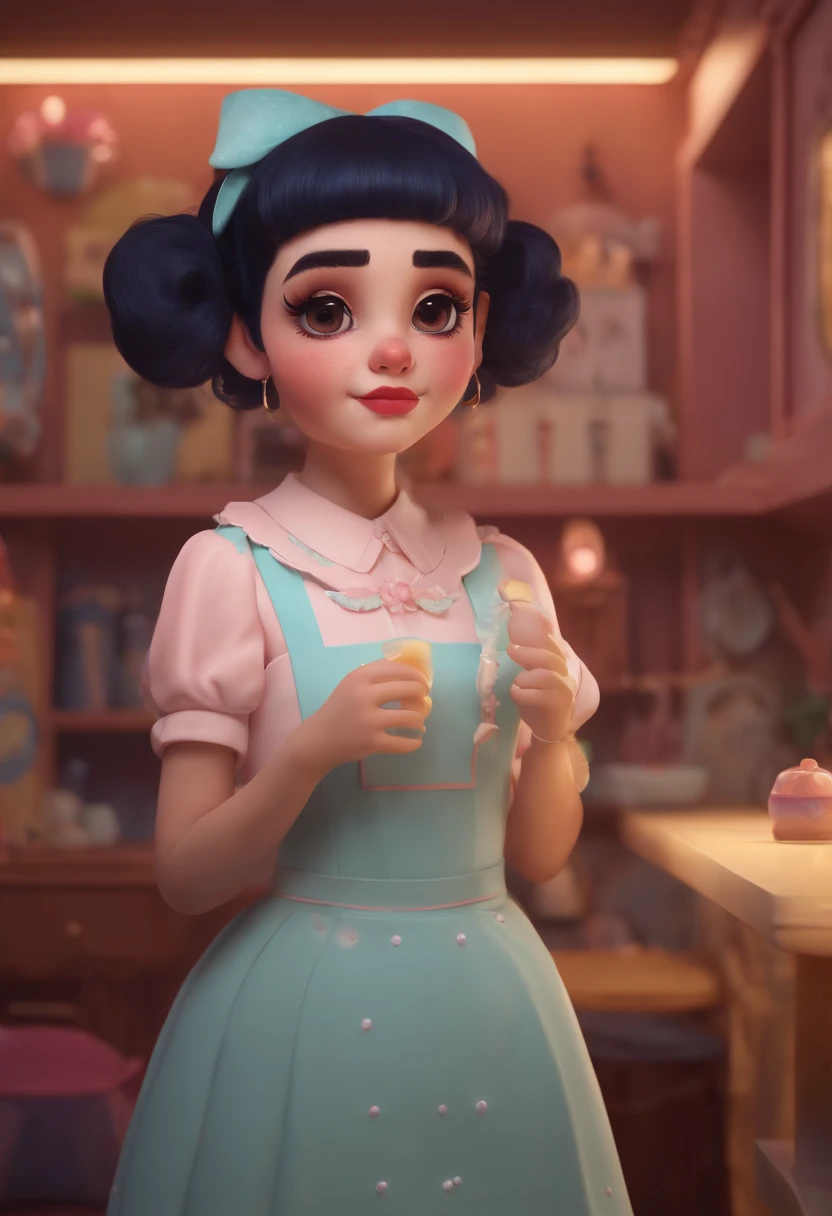 Cute  Melanie Martinez as a very cute anime character, Cartoon Character, Unreal Engine Warm Interior Lighting Art Station Detailed Digital Painting Character Design Mark Ryden Pixar Hayao Miyazaki Unreal 5 Dazz Hyper Real - Octane Neon Rendering not wearing clothes