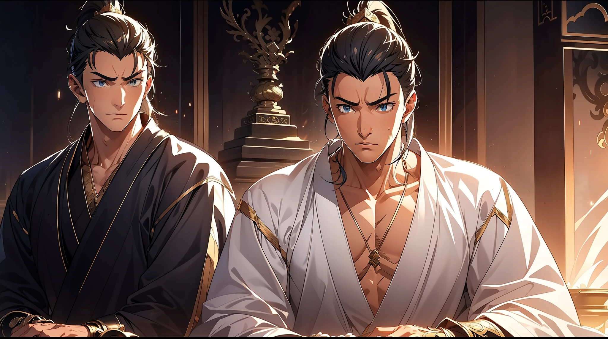 quadratic element,style of anime,mtu(Male Warrior),The proportions are correct,Face details,swordsmen,High ponytail hairstyle,Neck details,There is an Adam's apple,White robe,kaftan,long white robe,clothes details,Handing over,longer sleeves,Game quality,Swordsmanship,Light and shadow tracking,Ray traching,detailed glow,cg render,hair detail,cabelos preto e longos,blue colored eyes,Handsome,Handsome,(juvenile sense),Clothing is complicated,Perfectcomposition,Refinement,high qulity,higher details,Lots of details,The background is complex,a sense of atmosphere,